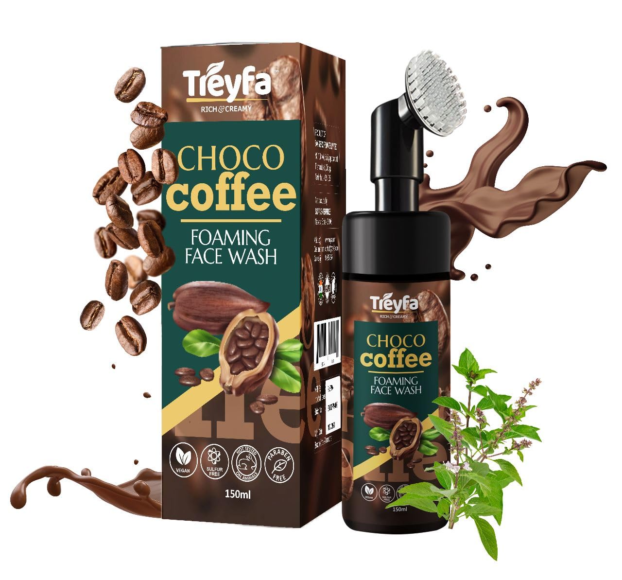 Treyfa Choco Coffee Foaming Face Wash with Vitamin C - Natural Glow & Hydrating Cleanser for Men & Women | Acne Treatment & Beard Wash | Paraben, Sulfate & Silicone Free (150ml) | Perfect for Morning Skincare Routine & Post-Shave Care