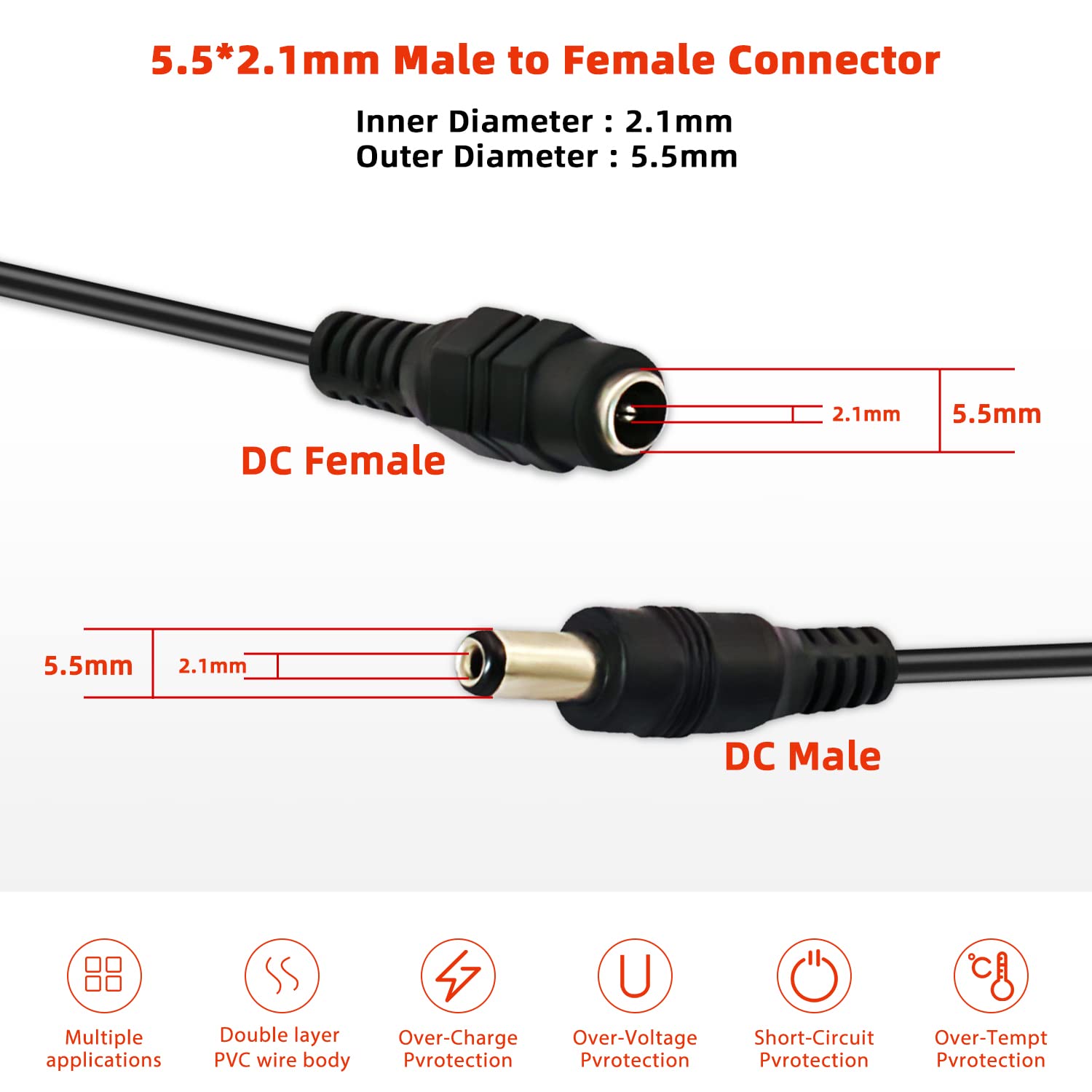 2.1mm DC Splitter Cable 2-Pack, 1 Female to 3 Male 2.1x5.5mm DC Power Extension Cord for CCTV Cameras, LED Light Strips - Perfect for Home Security Systems and DIY Lighting Projects