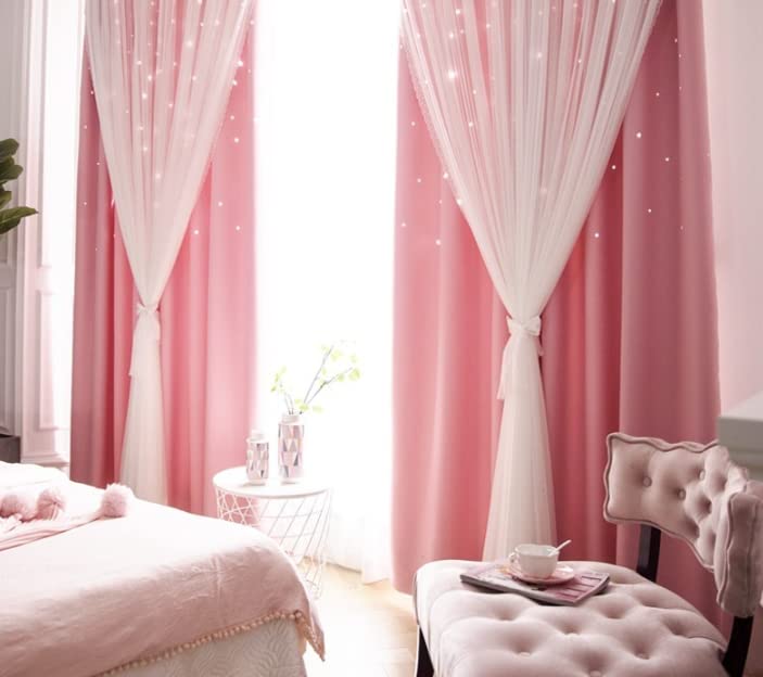 Pink Stars Blackout Curtains for Kids Room - Double Layer Thermal Insulated Cute Nursery Curtains, 2 Panels Set (52x92 Inches) - Perfect for Bedroom, Playroom & Nursery Decor