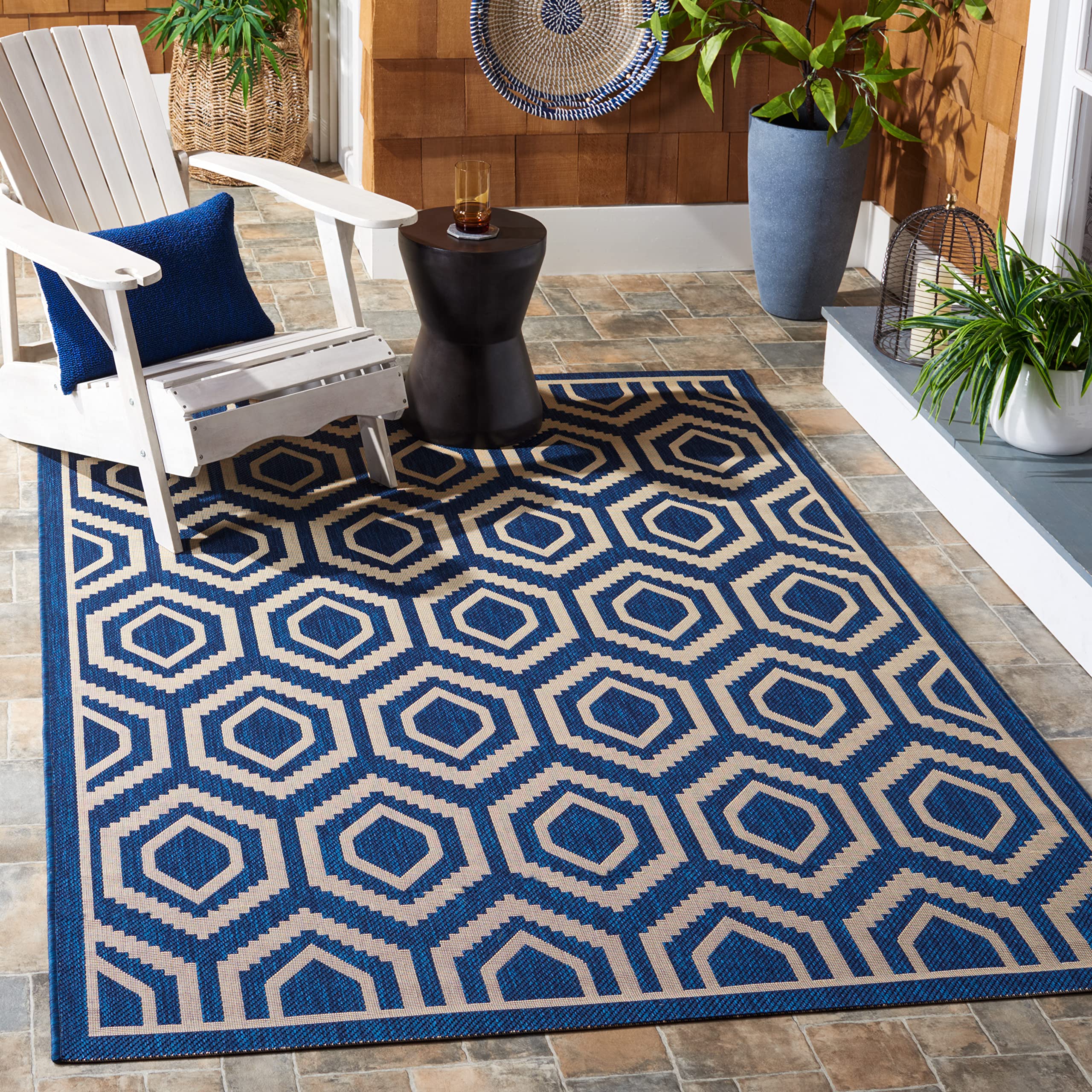 SAFAVIEH Courtyard Collection 8' x 10' Navy/Beige Indoor Outdoor Waterproof Rug - Easy to Clean, Stain Resistant Area Carpet for Patio, Backyard, Mudroom, Porch & Deck Decor