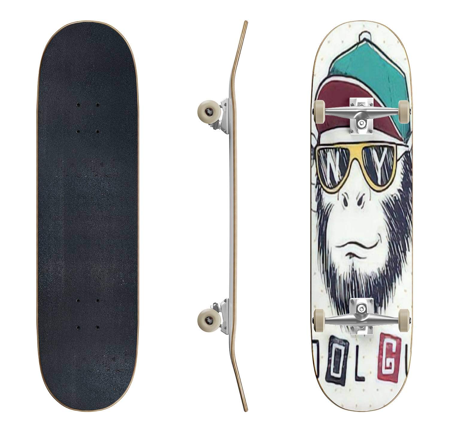 Cool Monkey Chimpanzee Skateboard with Sunglasses & Cap Design - Classic Concave Deck for Beginners & Professionals - Perfect for Street Skating, Teen Gifts & Extreme Sports - Durable Longboard for Commuting & Tricks