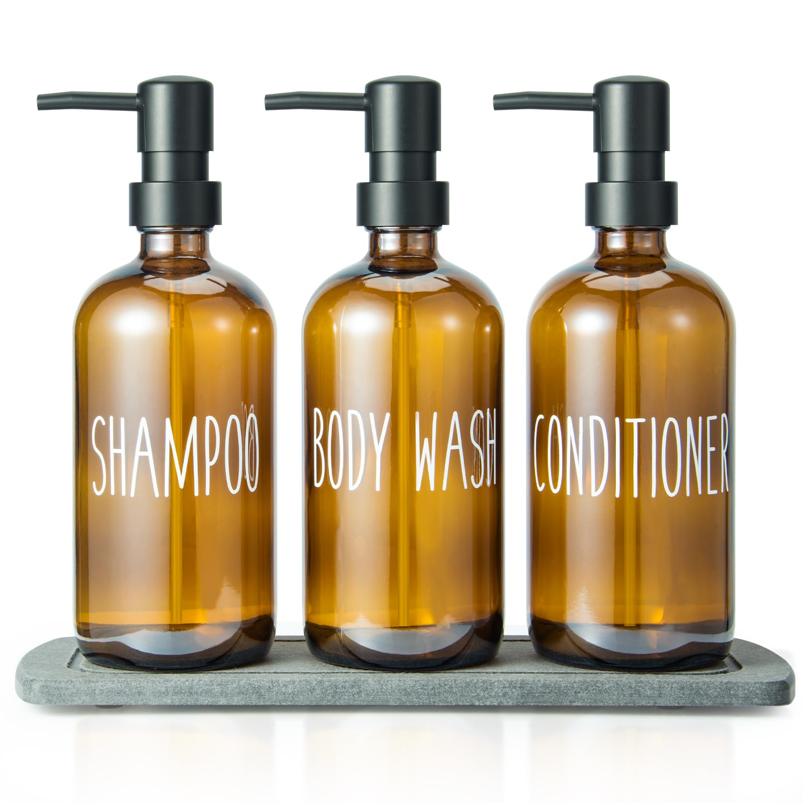 Premium Glass Shampoo & Conditioner Dispenser Set with Diatomite Tray - Refillable Pump Bottles for Body Wash & Liquid Soap | Elegant Bathroom Countertop Organizer for Shower, Spa & Home Decor