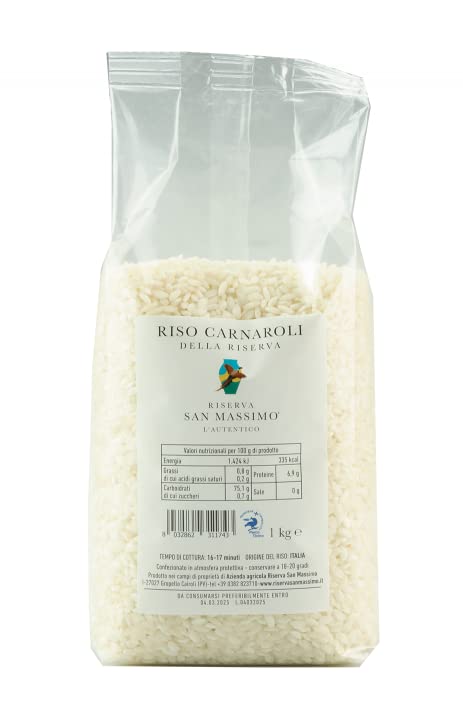 Premium Carnaroli Risotto Rice from Italy - Authentic Italian Gourmet Rice Grown in Ticino River Natural Reserve (2.2 lb Bag) - Perfect for Creamy Risotto, Paella & Gourmet Cooking - Imported from Italy - Riserva San Massimo