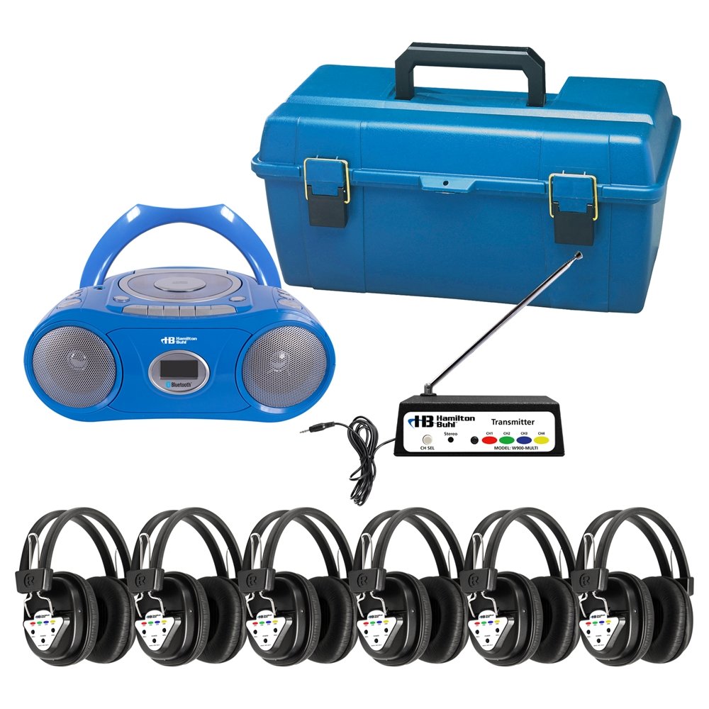 HamiltonBuhl Wireless 6-Person Listening Center with Bluetooth, CD/Cassette/FM Boombox - Blue | Classroom Audio System for Group Learning, Music Sharing & Language Labs