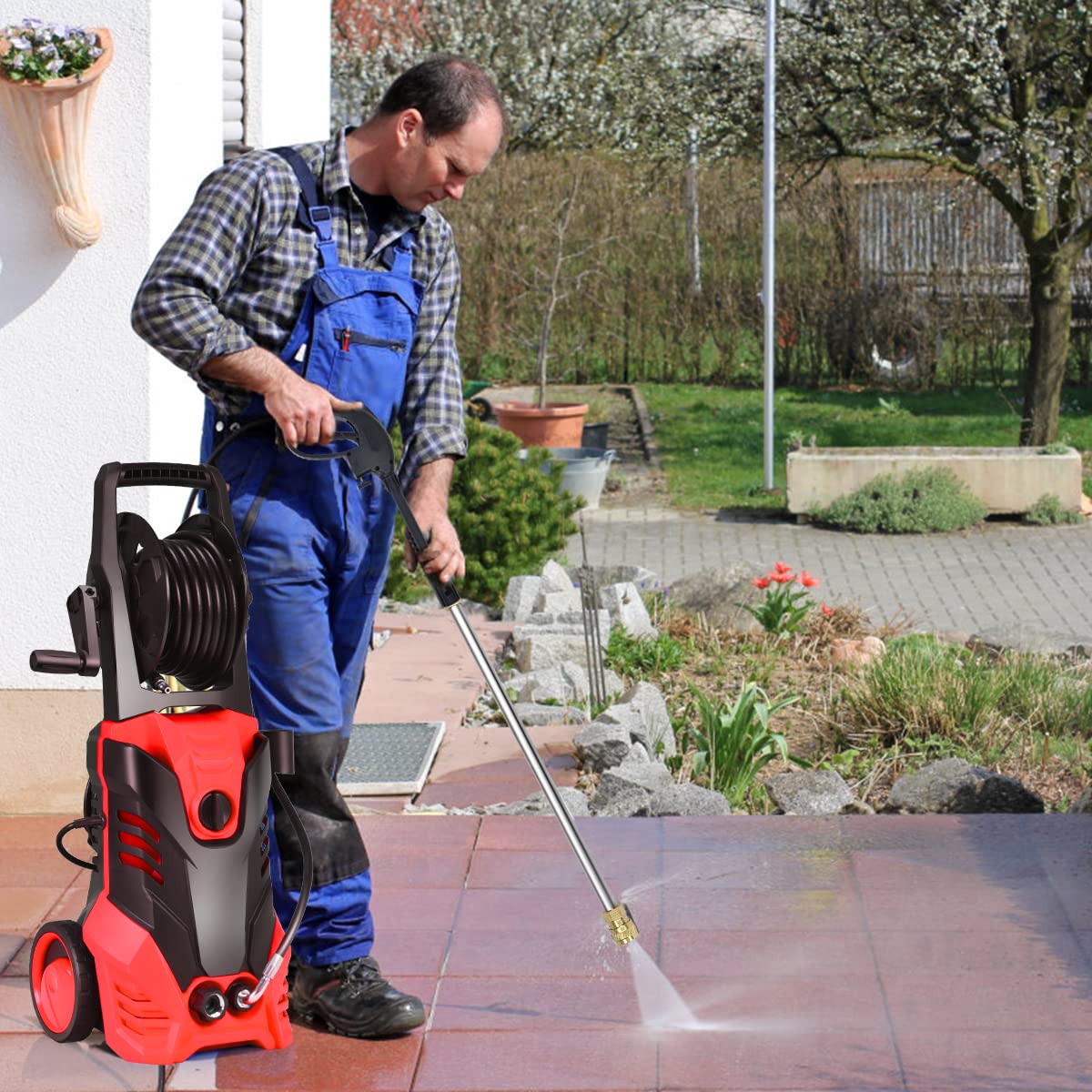 Happytools 3000 PSI Electric Pressure Washer - 2 GPM Portable High-Pressure Power Washer with 5 Quick Connect Nozzles, Hose Reel, Spray Gun & Patio Cleaner - Ideal for Driveway, Deck, Fence & Outdoor Cleaning (Red)