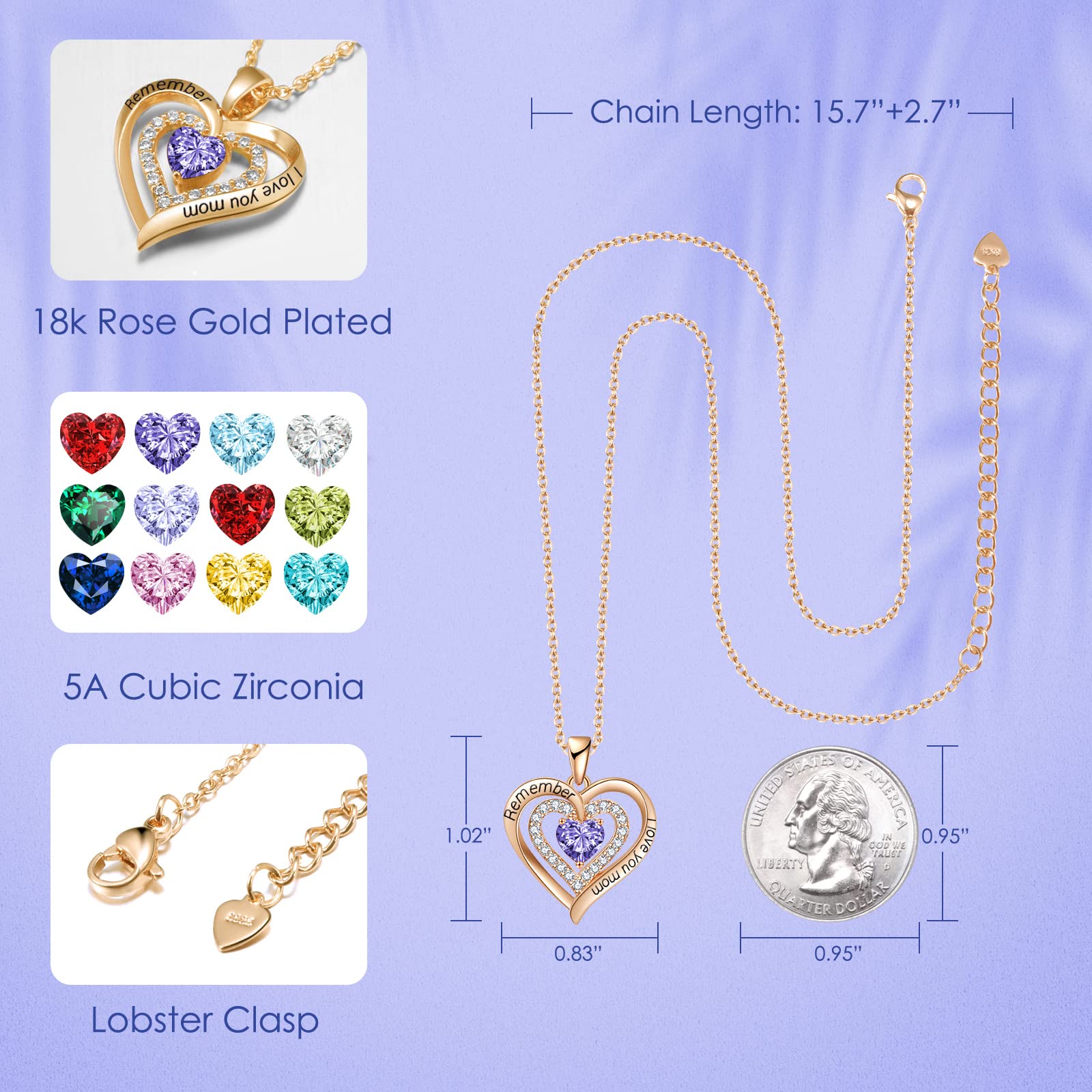 LIANYU Birthstone Heart Pendant Necklace for Women - Diamond Mother's Jewelry Gift for Christmas, Birthday, Mother's Day & Valentine's Day | Elegant Present from Daughter to Mom for Special Occasions & Daily Wear