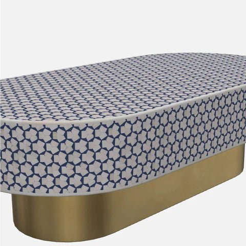 Handmade Bone Inlay Oval Targua Design Coffee Table - Boho Chic Living Room Furniture for Home Decor, Perfect for Small Spaces & Modern Interiors