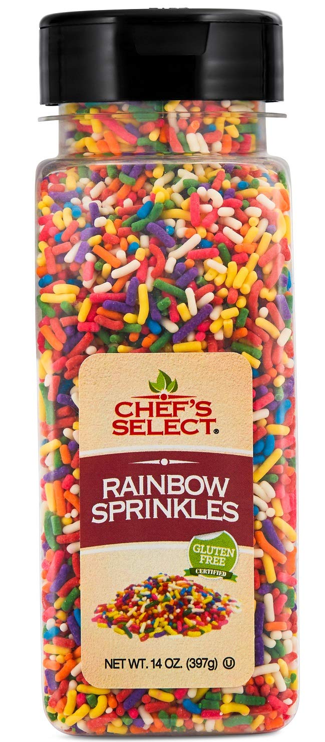 Chefs Select Decorative Rainbow Sprinkles Jimmies 14oz | Bulk Value Size | Gluten Free Certified | Perfect for Cupcakes, Cakes, Ice Cream & Dessert Decorating