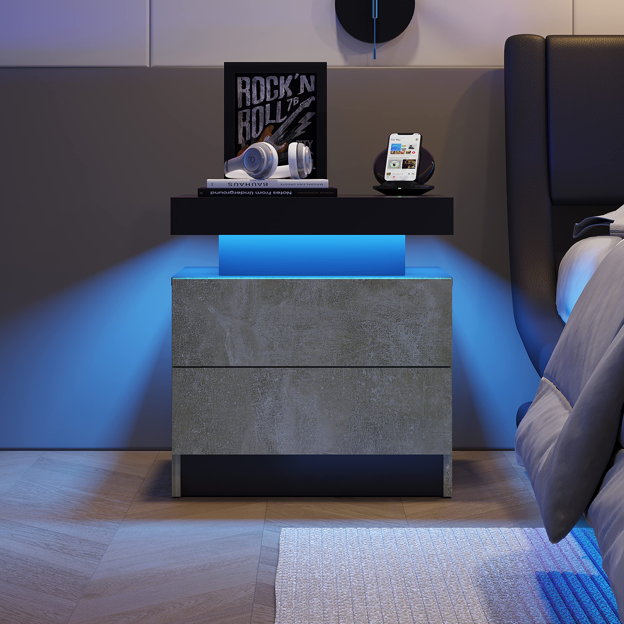 Modern LED Nightstand with 2 Drawers - Grey End Side Table with USB Charging Port | Bedroom & Living Room Furniture for Small Spaces, Apartments & Dorm Rooms