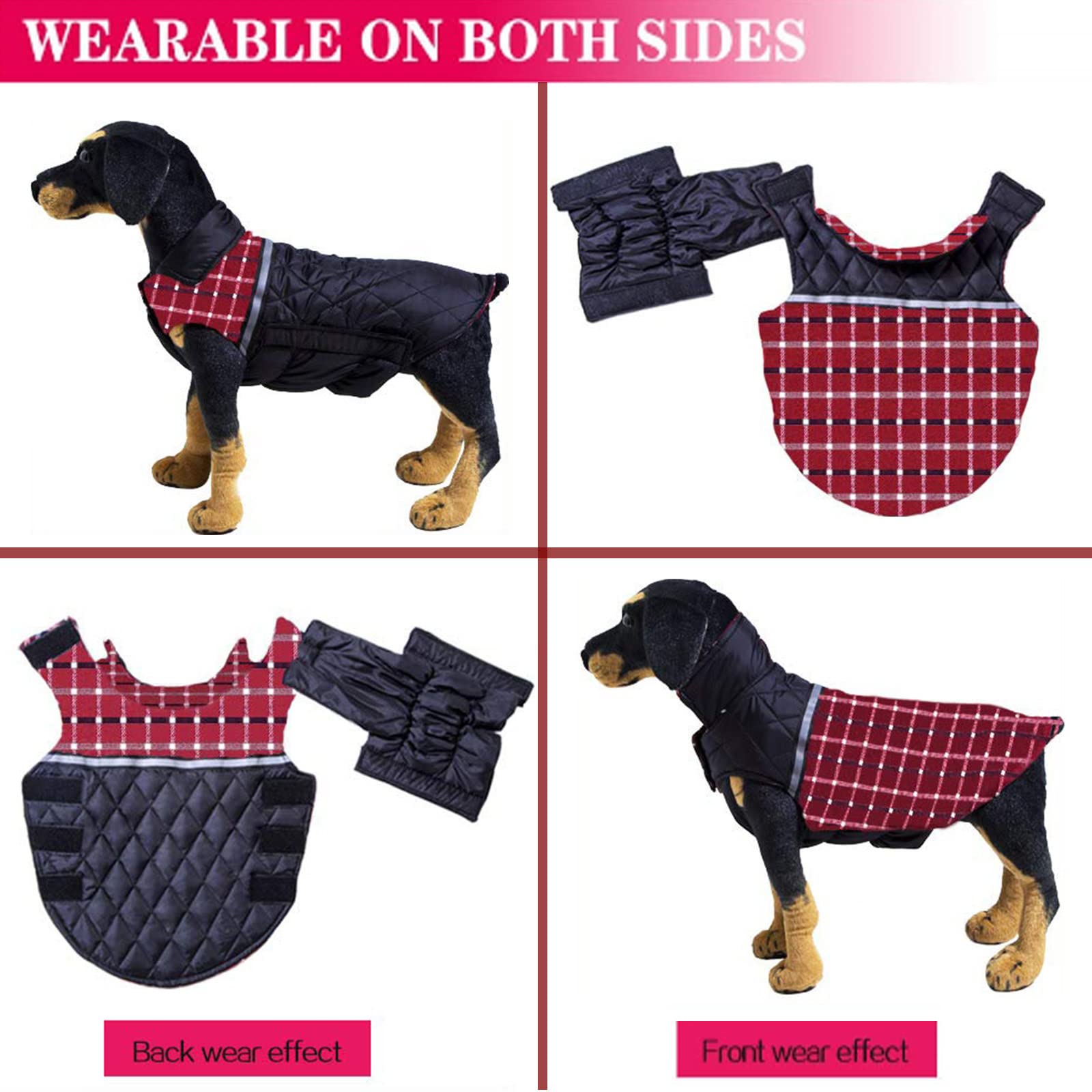 Waterproof Reversible Plaid Dog Jacket for Winter - Warm & Cozy Dog Vest for Small, Medium & Large Dogs (Red, Size M) - Perfect for Cold Weather Walks, Outdoor Adventures & Pet Fashion