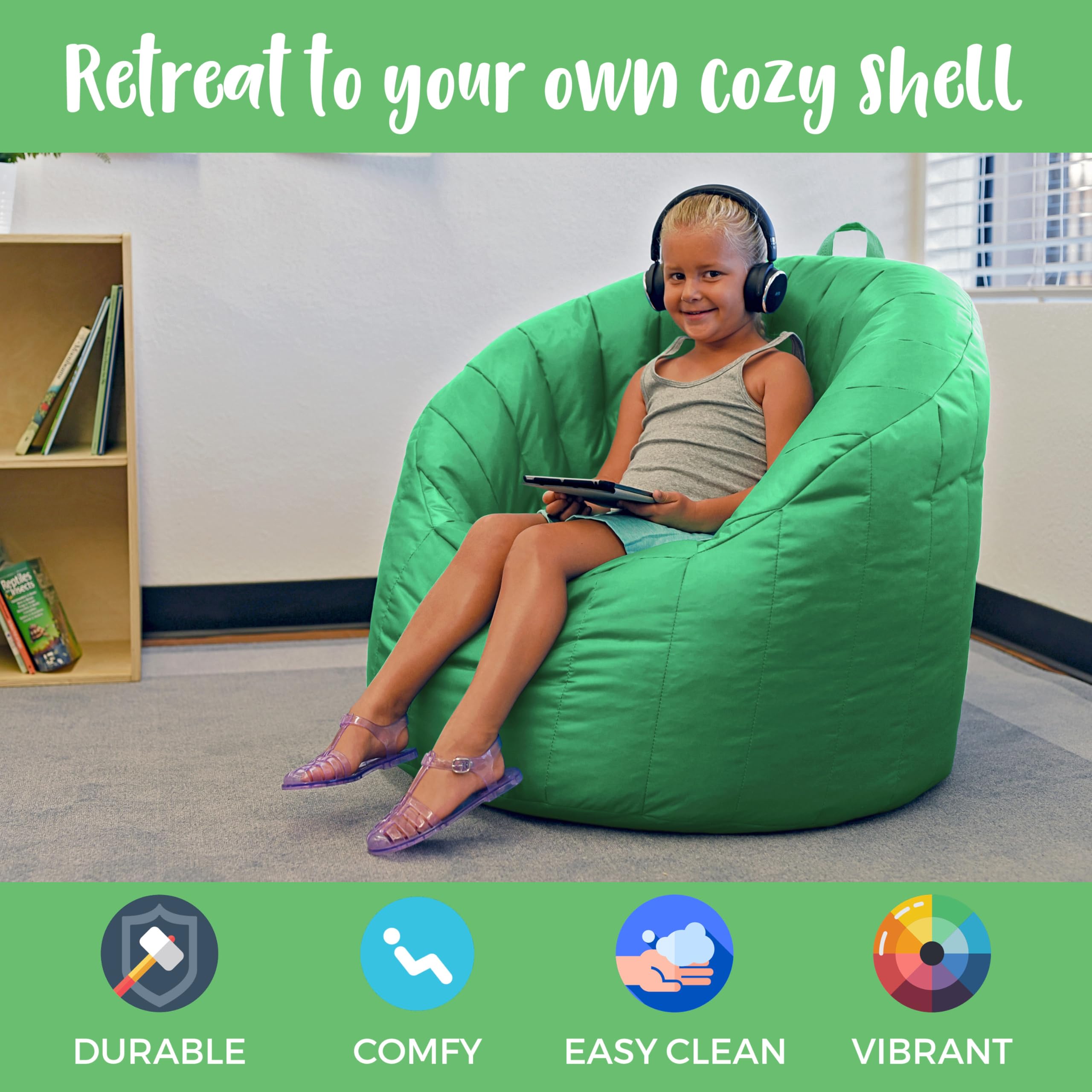 FDP Cali Seashell Bean Bag Chair - Durable, Water-Resistant Oxford Nylon Cover for Kids, Teens & Adults | Tear-Resistant, Easy-Carry Handle | Perfect for Living Rooms, Dorms, Gaming Rooms & Outdoor Use - Grassy Green