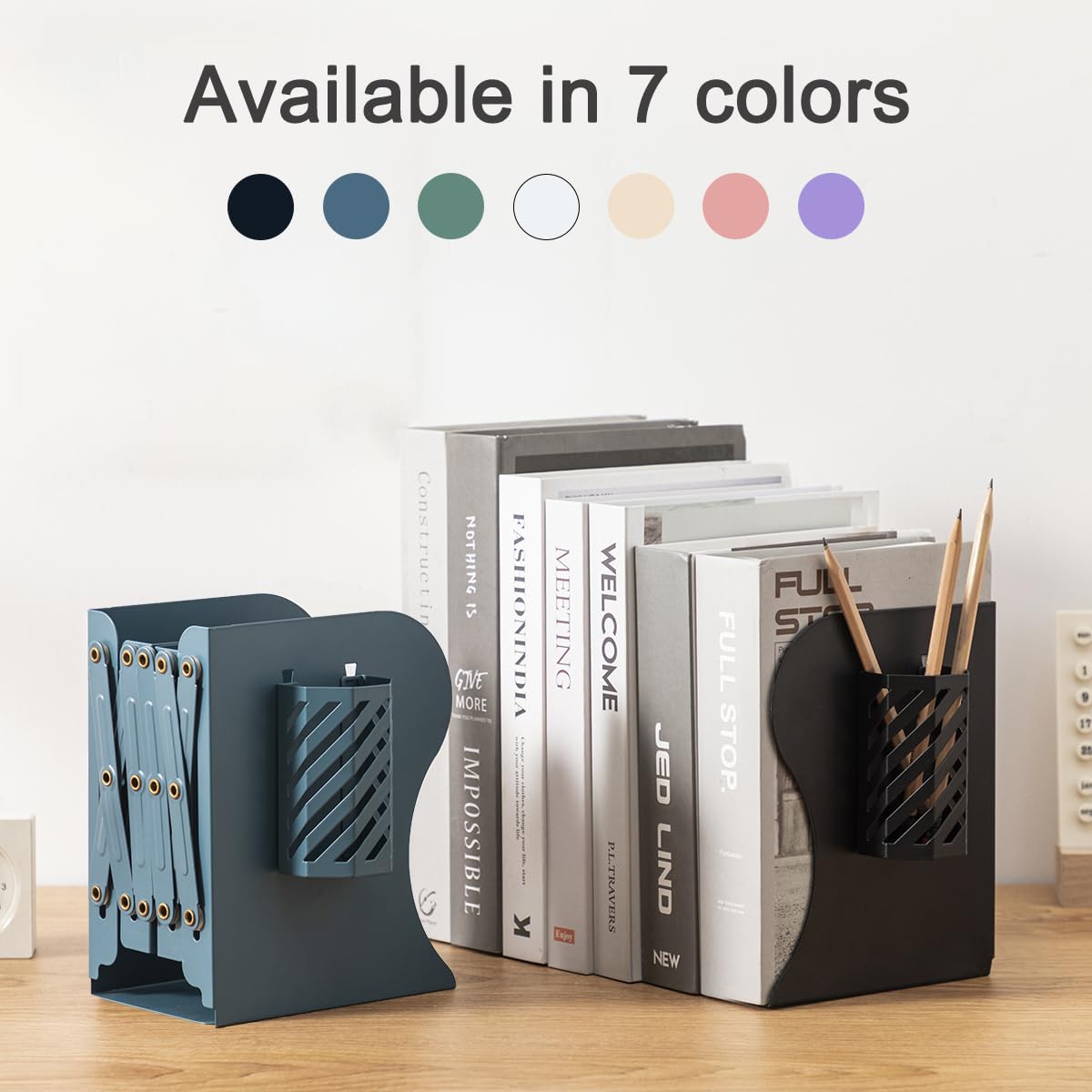 Kingsmile Metal Bookends for Shelves - Heavy Duty Book Stoppers for Kids Room, Home, Office, Classroom & Library - Includes Removable Pen Holder (Blue) | Perfect for Organizing Textbooks, Novels & Office Documents