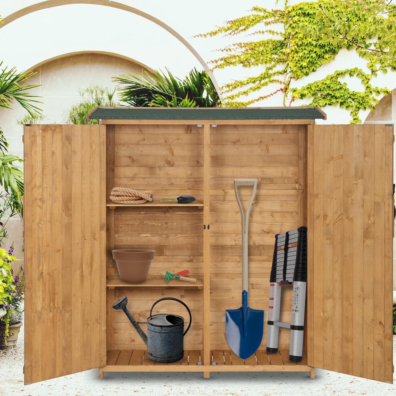 VINGLI Upgraded Extra Large Outdoor Wooden Storage Shed - Weatherproof Garden Tool Cabinet with 2 Safety Latches | Perfect for Organizing Lawn Equipment, Yard Tools & Patio Furniture | Durable Teak Wood Construction for Backyard, Garden & Outdoor Storage Needs