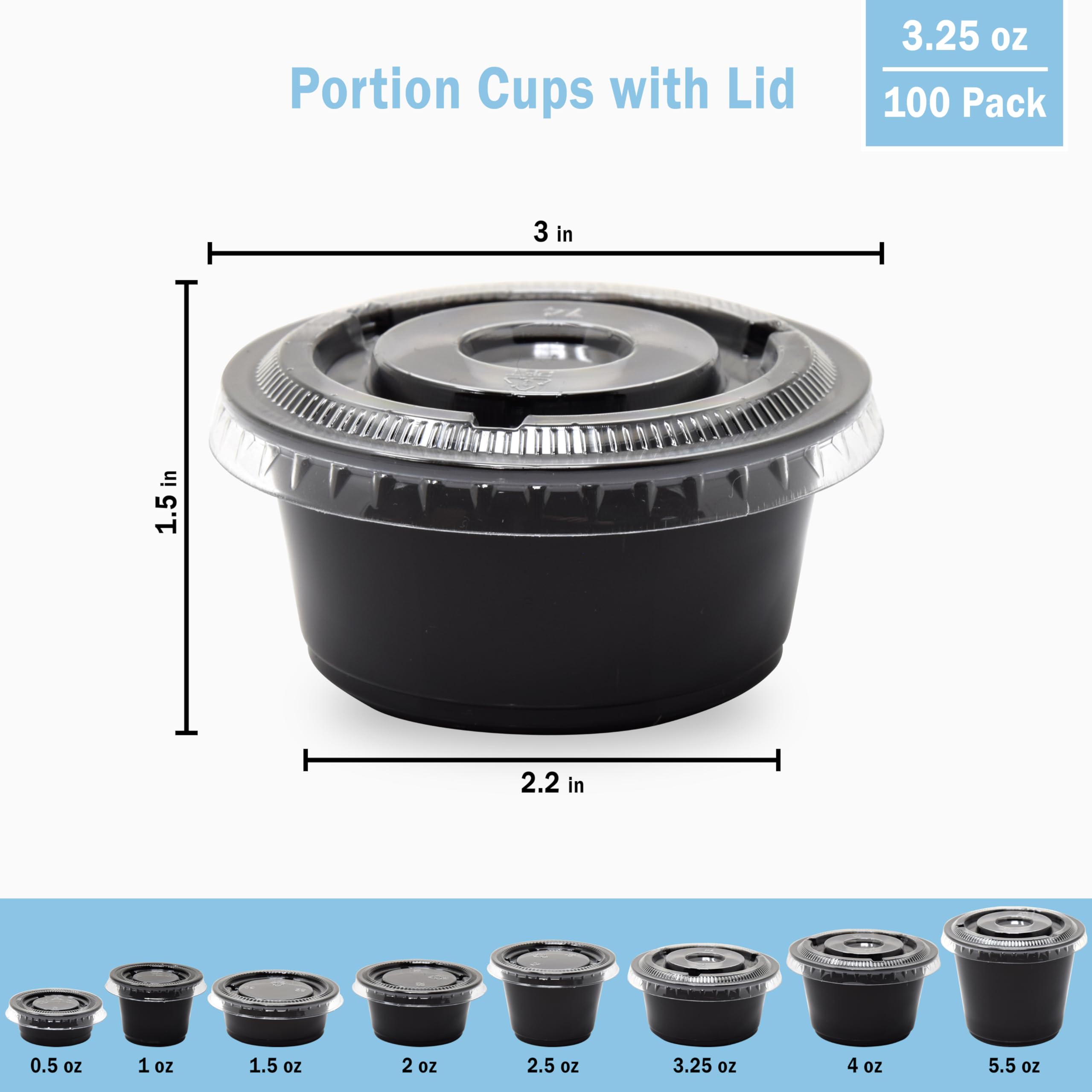 100 Sets - 3.25 oz Black Plastic Jello Shot Cups with Lids | Small Disposable Portion Containers for Sauces, Condiments, Salad Dressings | Perfect for Parties, Catering & Takeout Meals | BPA-Free Food Storage Cups