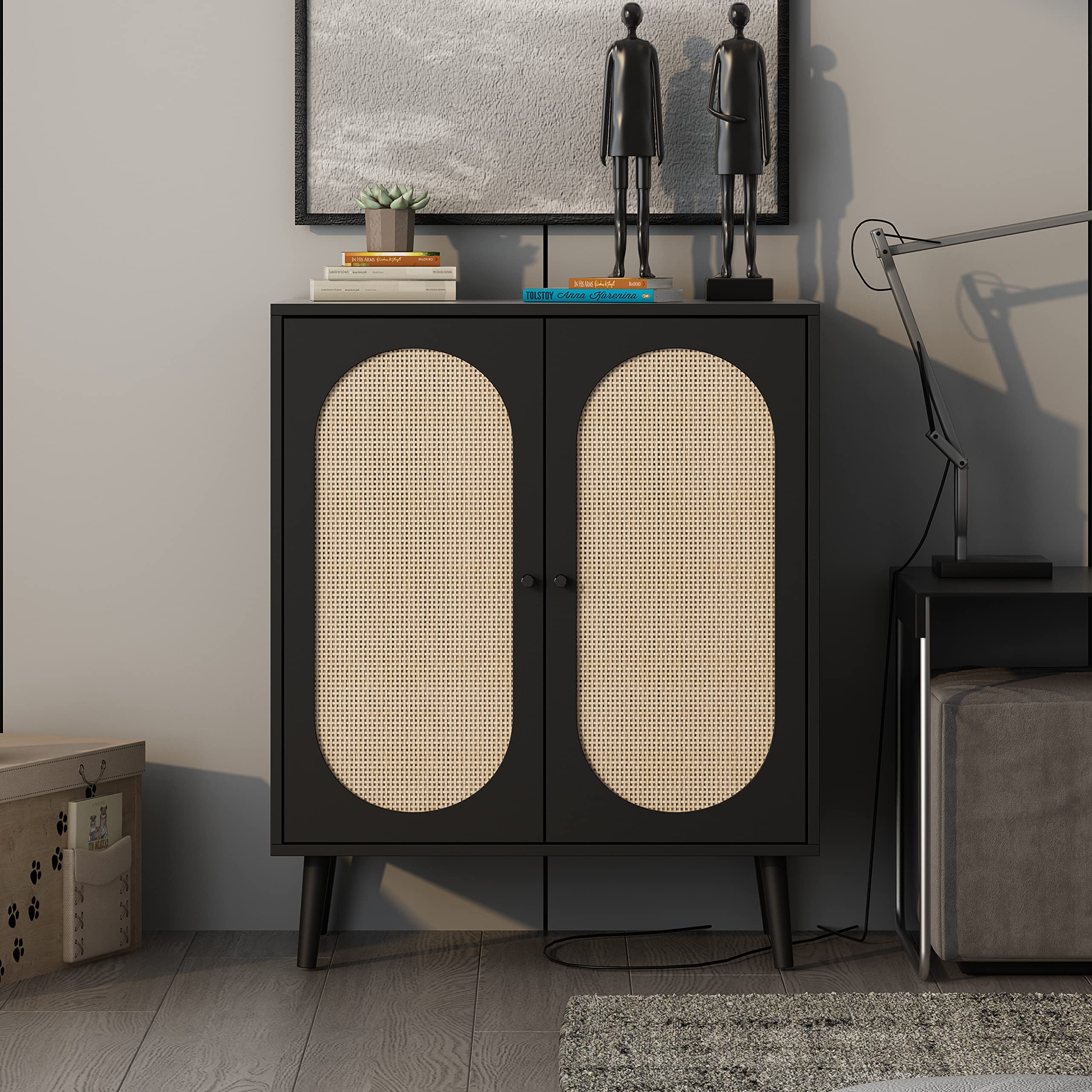 QHITTY Black Rattan Sideboard Buffet Cabinet with Adjustable Shelves - Stylish Kitchen Storage, Living Room, Dining Room, Bedroom Accent Console Table for Home Decor