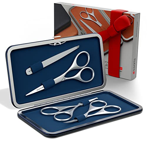 Professional Beard Grooming Kit for Men - Precision Beard Scissors, Mustache Trimmer, Nose Hair Scissors, Eyebrow Scissors & Tweezers | Complete Facial Hair Care Set for Barbers & Home Use (Blue)