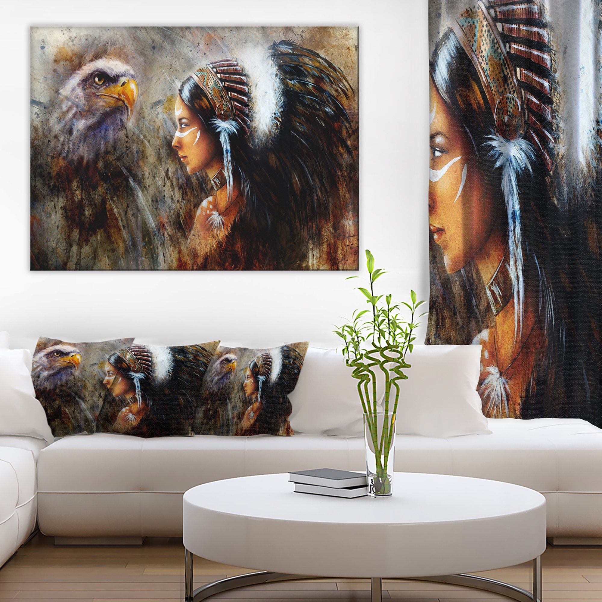Authentic Indian Woman with Feather Headdress Canvas Art - Native American Wall Decor for Living Room, Bedroom & Office