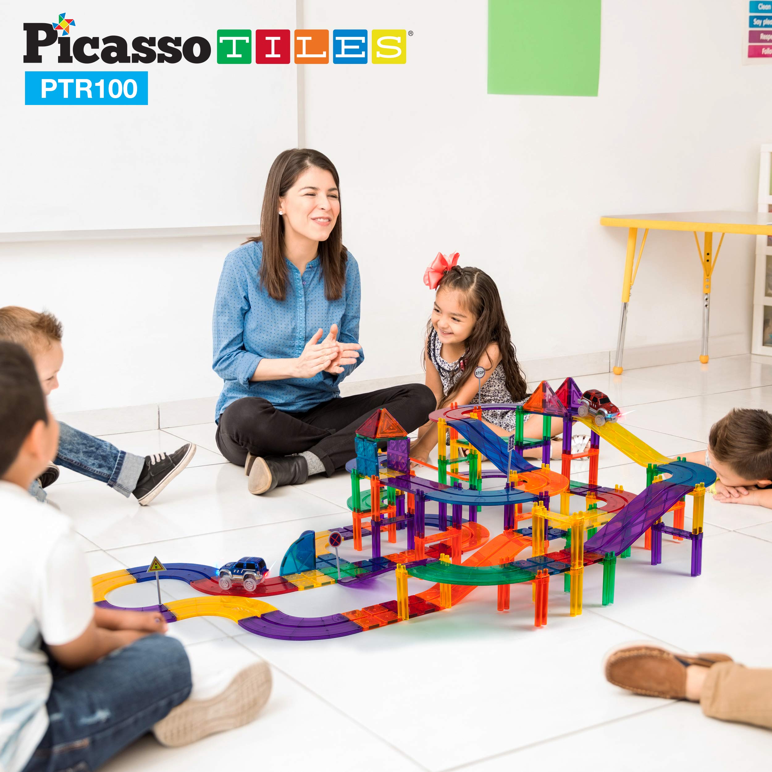 PicassoTiles 100-Piece Magnetic Race Car Track Set with LED Cars & Idea Book - STEM Learning Toy for Kids, Fine Motor Skills & Creativity Development - Perfect for Playtime, Birthday Gifts & Educational Activities