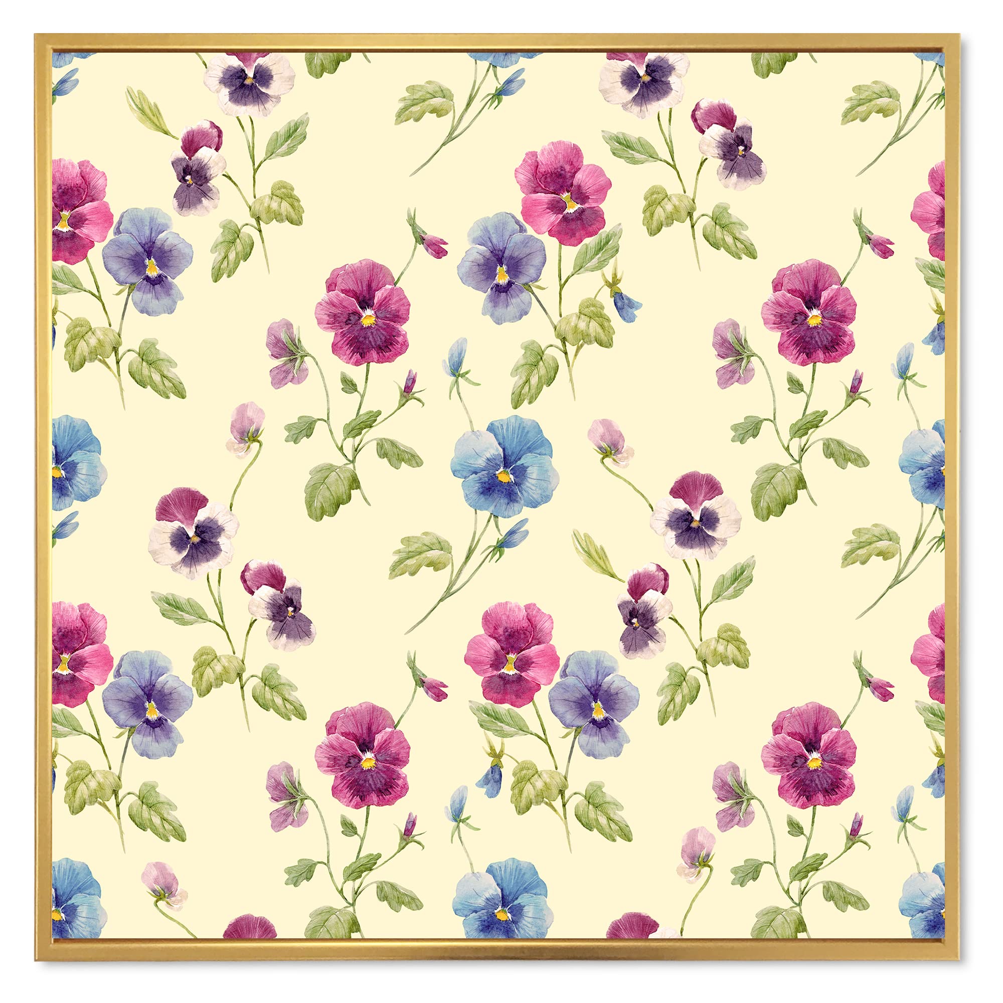 DesignQ Pink and Blue Pansy Flowers Framed Canvas Wall Art - Traditional Floral Painting for Living Room, Bedroom & Office Decor