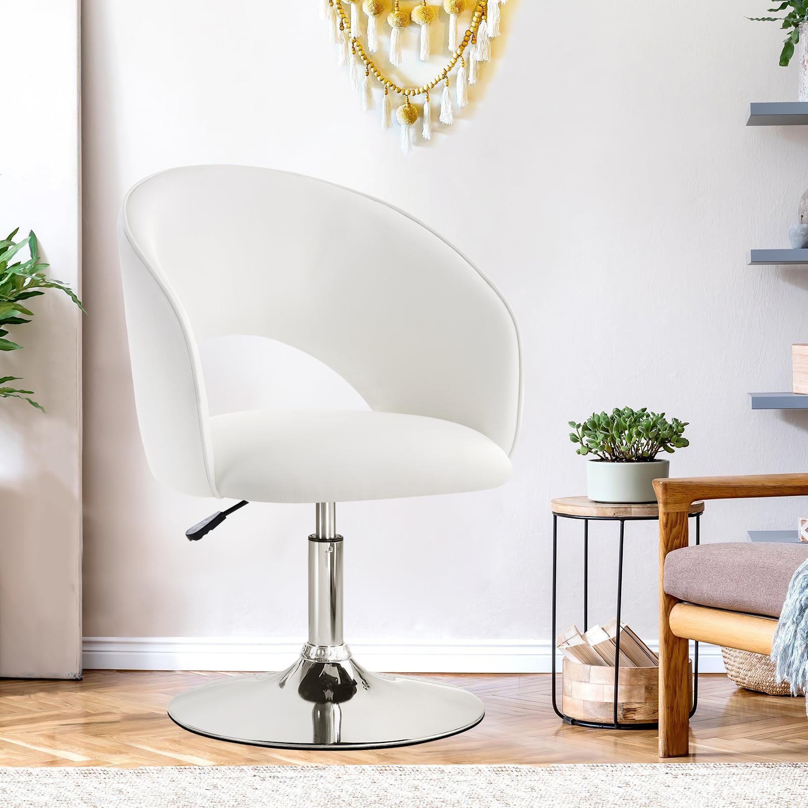 Furniliving Vanity Chair with Arms - Adjustable Height PU Leather Swivel Makeup Chair with Chrome Base for Bedroom, Dressing Room & Study | Ivory White Accent Chair for Home Decor & Beauty Stations