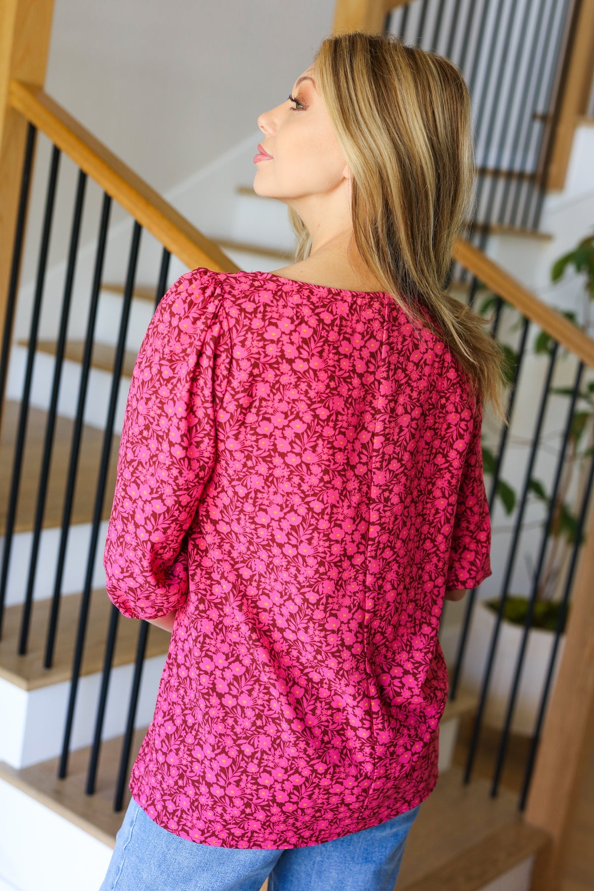 Perfectly You Fuchsia Floral Print Three Quarter Sleeve Square Neck Blouse for Women | Casual Spring Summer Tops for Office Wear & Date Night Outfits