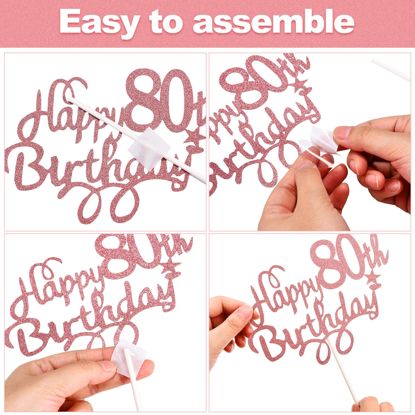 80th Birthday Cake Toppers for Women - Rose Gold Star & Heart Cake Decorations - Perfect for Birthday Party Supplies, Anniversary Celebrations & Milestone Events