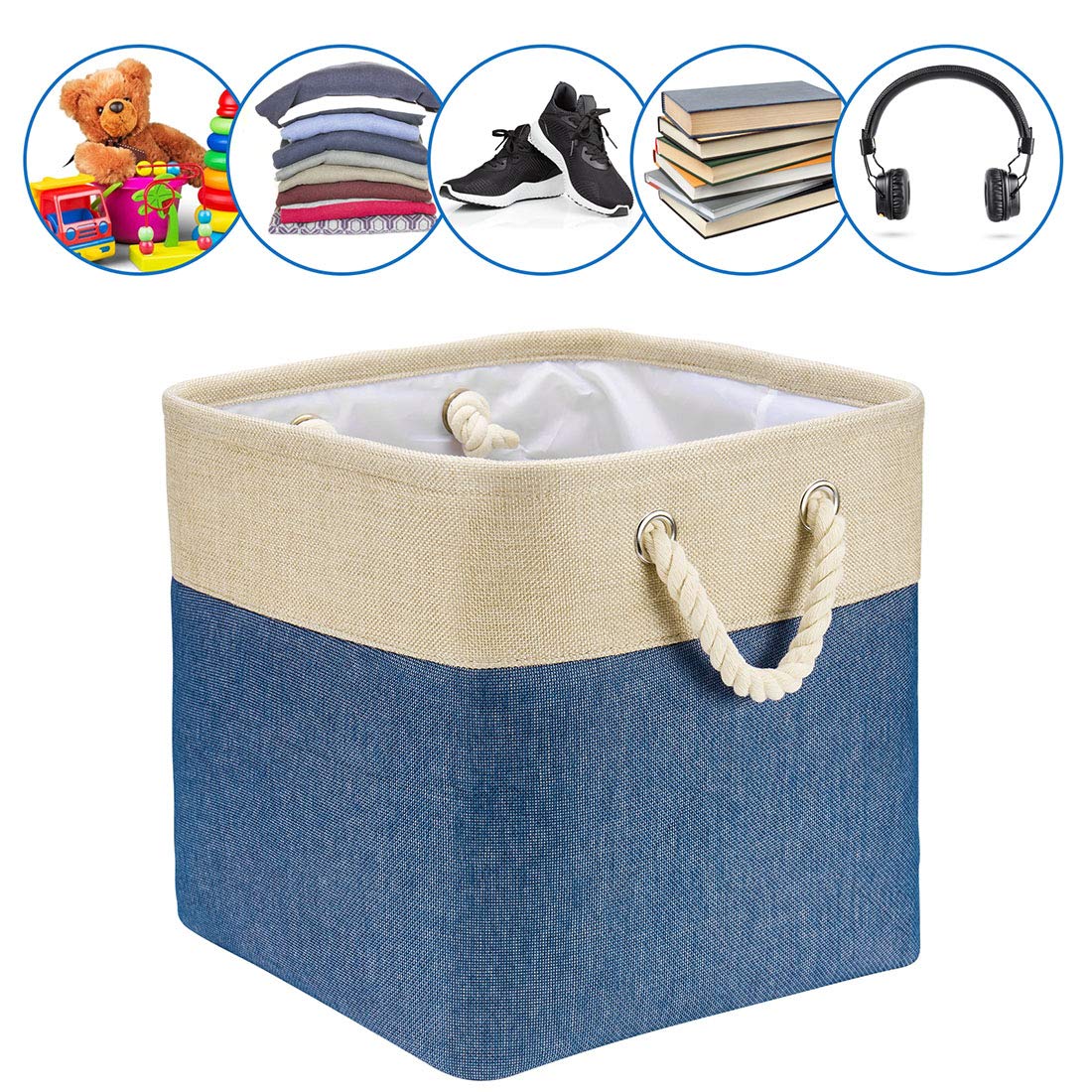 i BKGOO 3-Pack Large Foldable Storage Bins | Collapsible Fabric Organizer Baskets with Cotton Handles | 13×13×13 Inch for Home, Office, Shelf, Clothes & Toys (Khaki-Blue) | Perfect for Closet Organization, Kids Room Storage & Space Saving Solutions