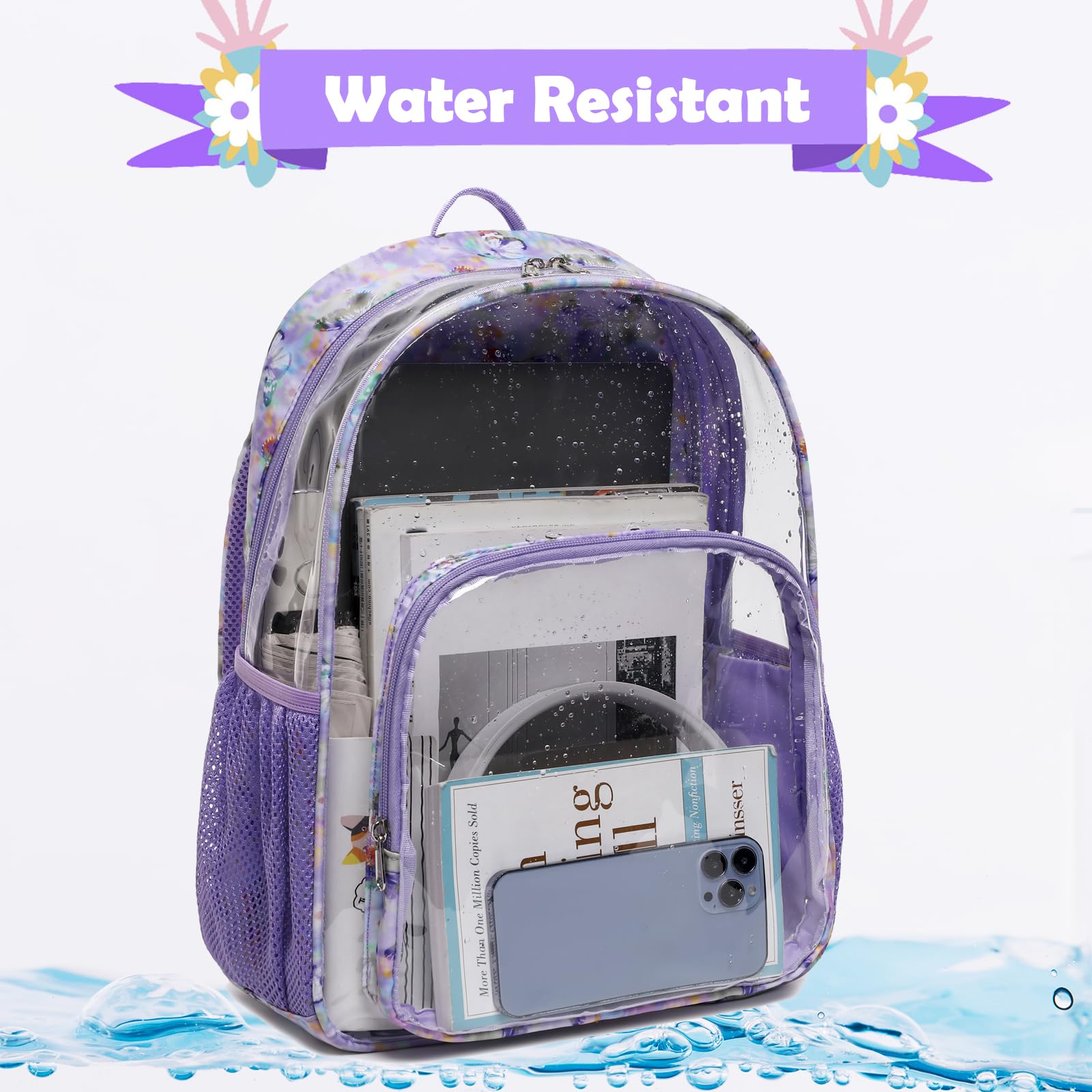 Kimwadalh Clear Backpack for Girls - Purple Butterfly TPU Transparent School Backpack, Heavy Duty See-Through Bookbag for College, Work, Security & Travel | Perfect for School, Concerts, Stadium Events & Airport Security