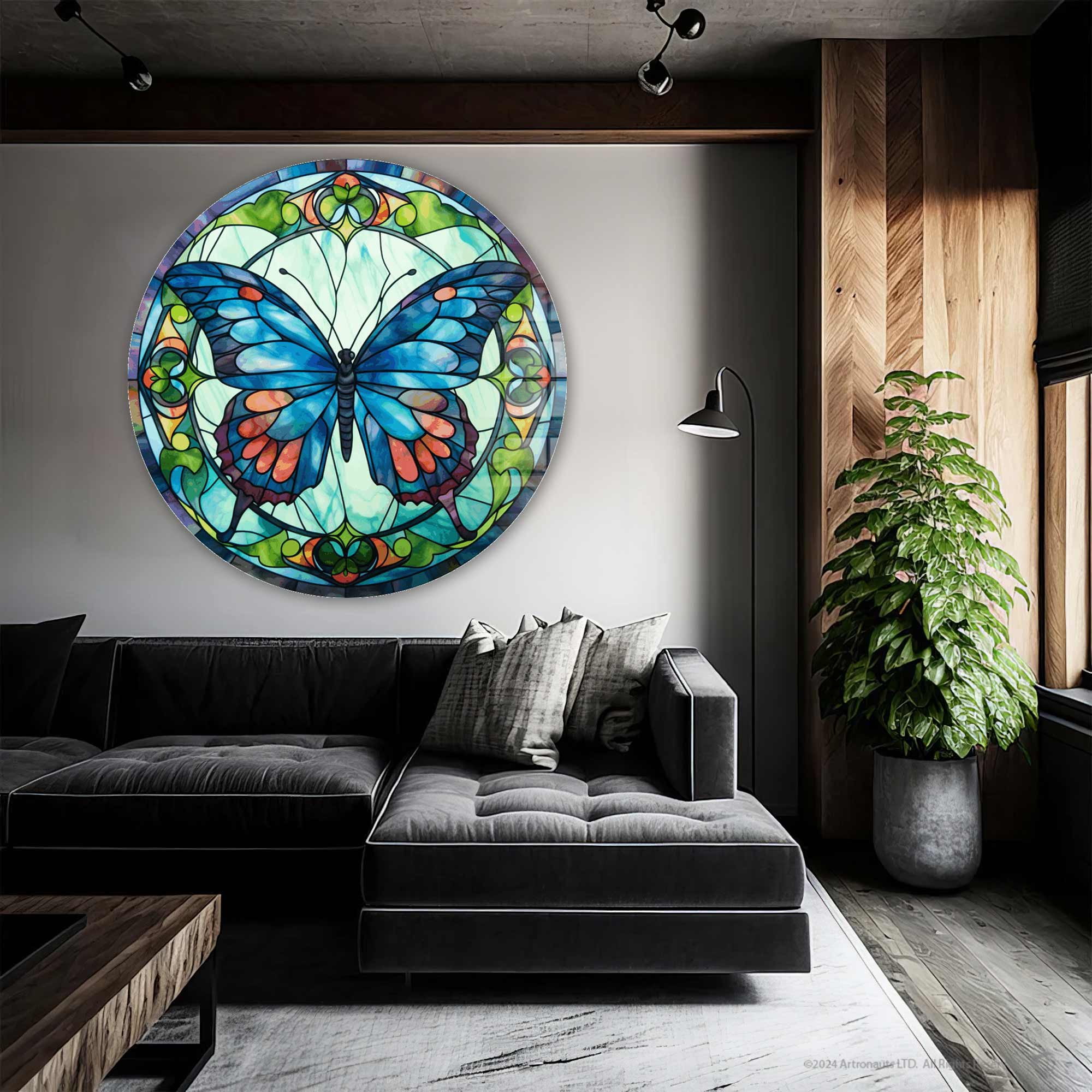 Stained Butterfly Round Glass Wall Art - Elegant Home Decor for Living Room, Bedroom & Office