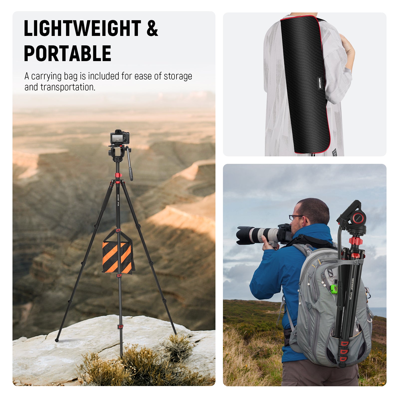 NEEWER TP72A 72-Inch Professional Aluminum Video Tripod with Fluid Head - Lightweight Camera Tripod for DSLR, Mirrorless, Camcorders - Perfect for Vlogging, Live Streaming, and Outdoor Photography