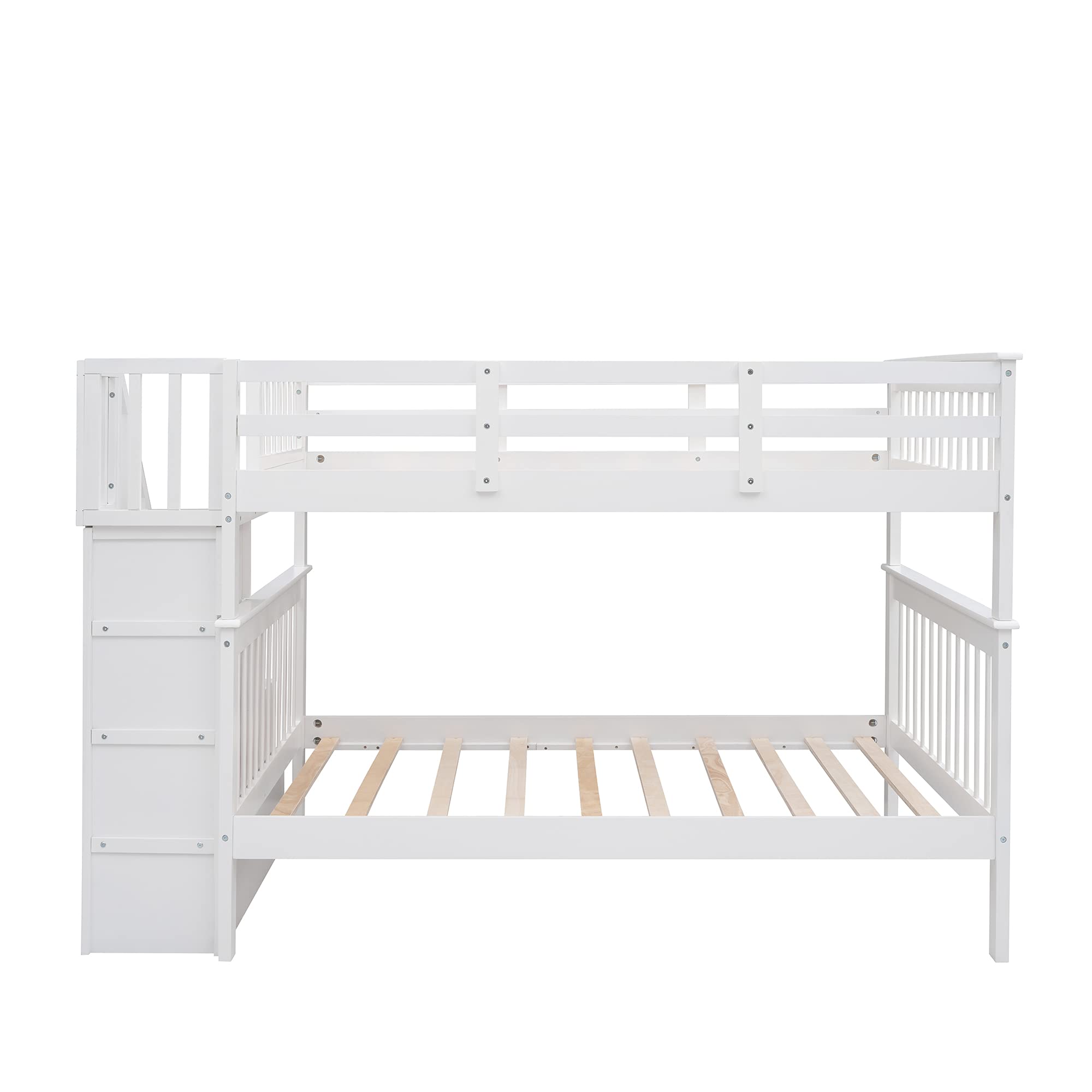 Full Over Full Bunk Bed with Storage & Guard Rail - Solid Wood Twin Bunk Bed for Kids, Teens, Dorm Rooms & Small Spaces - Space-Saving Bedroom Furniture with Underbed Storage (White) - Perfect for Shared Kids' Rooms, College Dorms & Guest Bedrooms