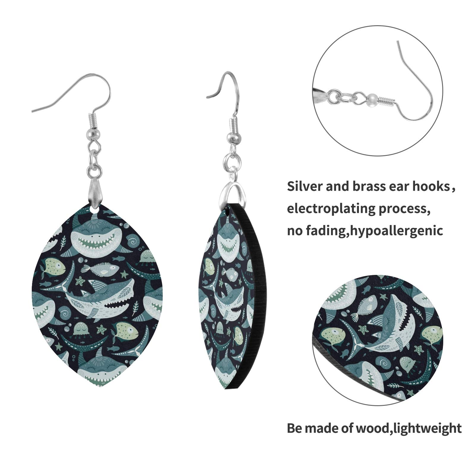 Ethnic Sharks Open Mouth With Teeth Dark Copper Plated Silver Earrings - Lightweight MDF Wood Drop Earrings for Women, Perfect for Beach Parties and Boho Fashion
