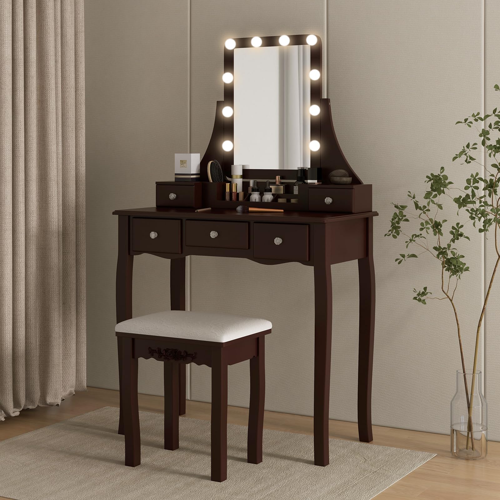 Charmaid Vanity Desk with LED Lights & Mirror - Modern Makeup Dressing Table with 5 Storage Drawers, 3 Color Lighting Modes, Adjustable Brightness & Stool - Espresso Finish for Bedroom, Boudoir & Beauty Room Organization