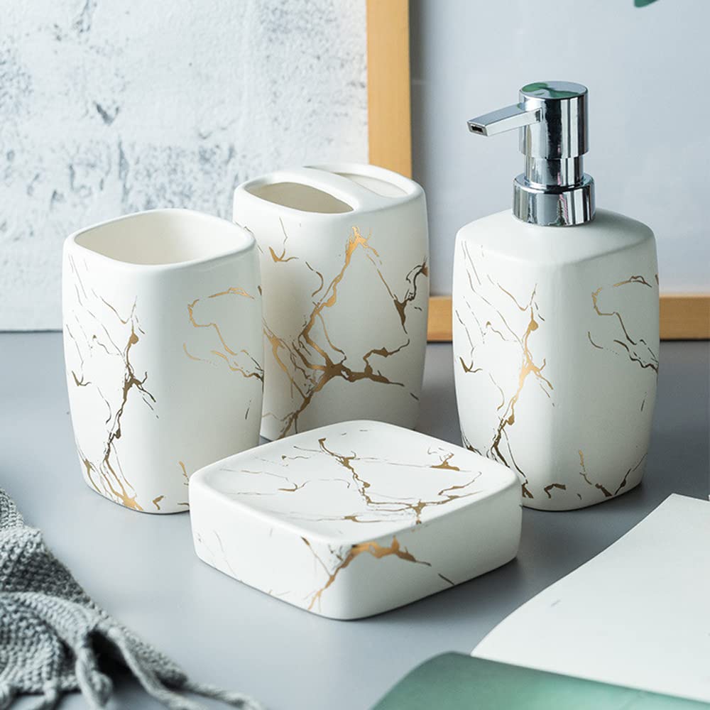 Premium Marbled Ceramic Bathroom Accessories Set - Soap Dish, Toothbrush Holder, Lotion Dispenser & Mug Cup | Modern Luxury Bathroom Decor for Home, Hotel & Spa Use