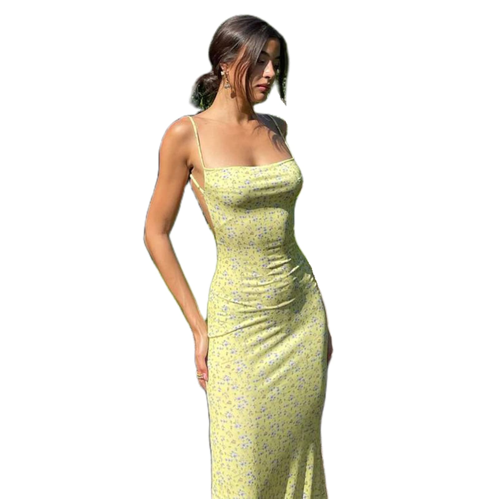 KMBANGI Women's Sexy Backless Maxi Dress - Floral Print Sleeveless Bodycon Cocktail Dress with Spaghetti Straps & Cutout Design for Party, Evening, Wedding & Special Occasions