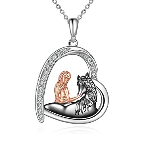 Silver girl and black horse necklace