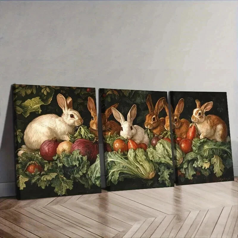 3-Piece Classic Modern Rabbit Farm Wall Art Set - Framed Canvas 50x70cm - High Quality Print - 100% Australian Made - Ready to Hang - Perfect for Living Room, Nursery, or Farmhouse Decor