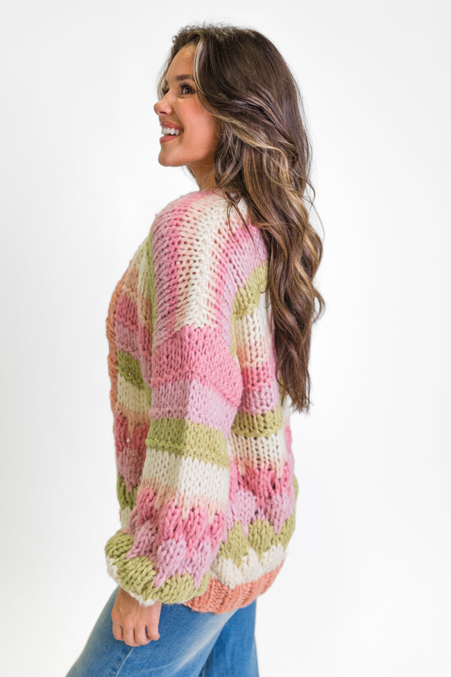 Lost In Your Love Pink Multi Stripe Chunky Knit Cardigan Sweater | Cozy Oversized Winter Wear for Women | Perfect for Date Nights & Casual Outings