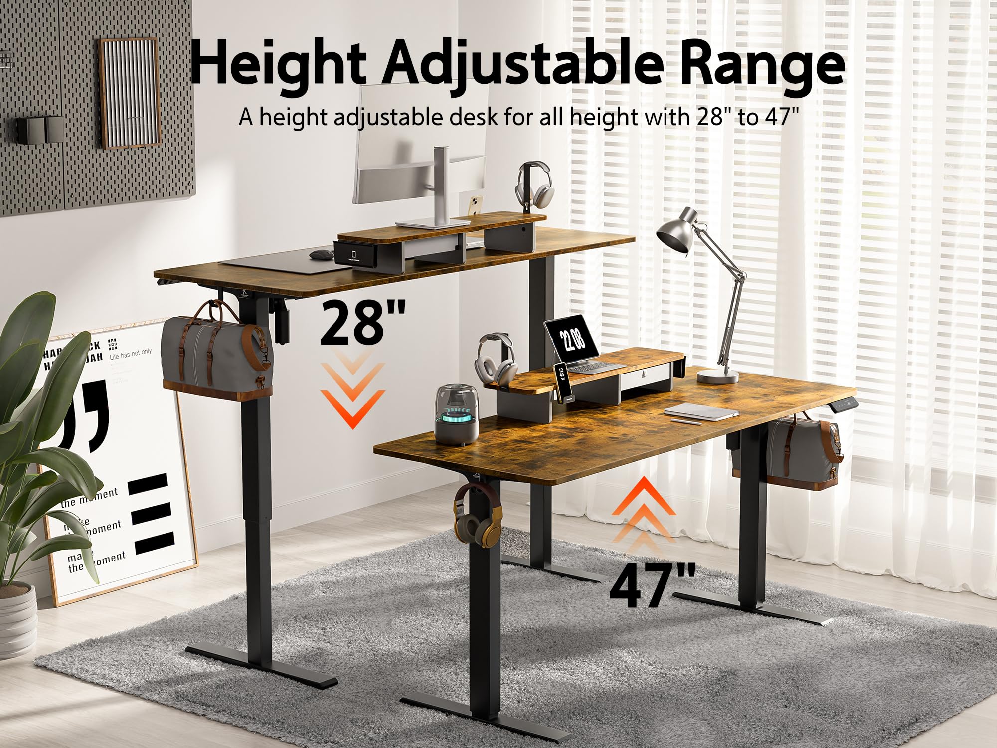 48x24 Inches Electric Standing Desk with Drawer & Monitor Stand - Height Adjustable Ergonomic Sit to Stand Desk for Home Office - Rustic Brown Workstation with Phone Holder & 3 Hooks - Perfect for Remote Work, Gaming Setup & Small Spaces