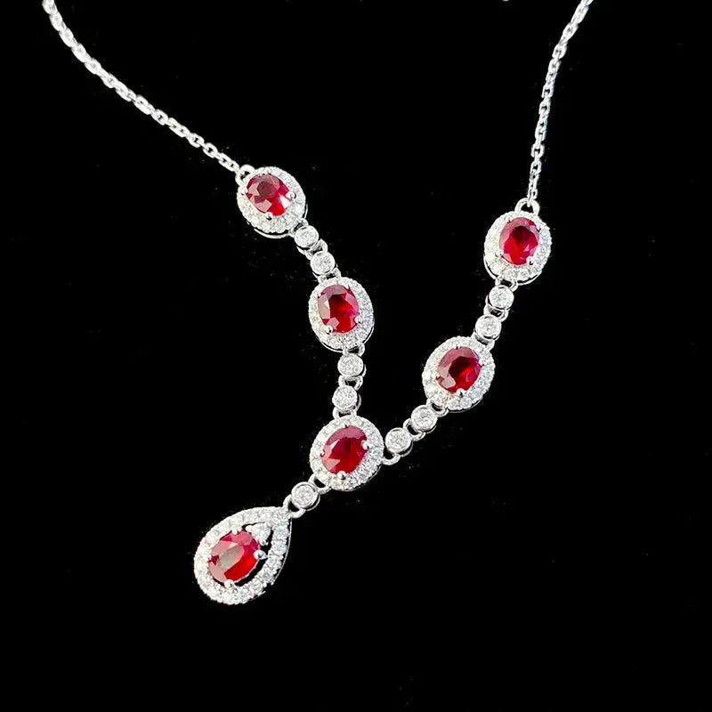 18K White Gold Ruby and Diamond Necklace for Women - Y-Shaped Luxury Fine Jewelry with Natural Gemstones - Perfect for Senior Banquets, Parties & Special Occasions