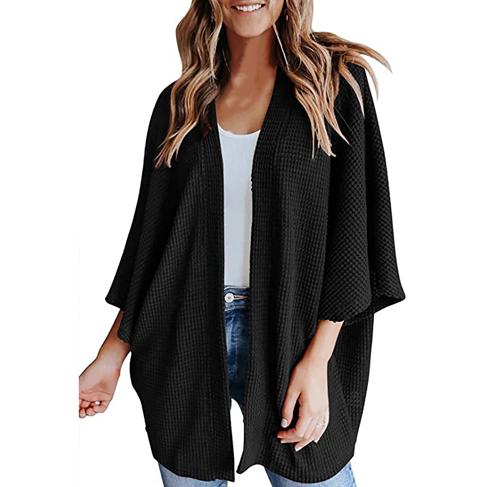 Women's Open Front Waffle Knit Kimono Cardigan - Casual Batwing Sleeve Solid Color Sweater | Perfect for Lounge Wear, Layering & Boho Outfits