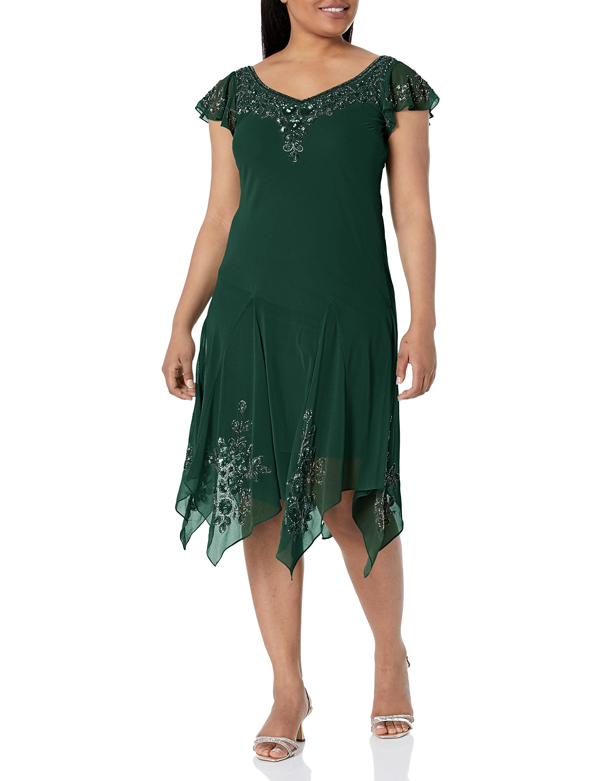 J Kara Women's Plus Size Petite Flutter Sleeve Cocktail Dress with Beaded Hanky Hem - Perfect for Parties, Weddings & Special Occasions