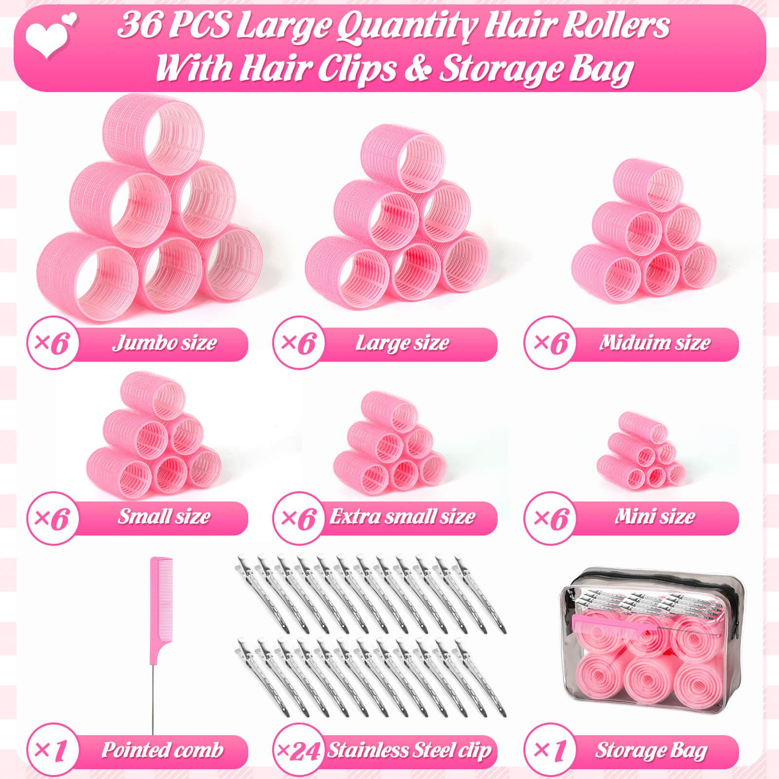 6 Sizes Hair Rollers for Women - 62 Pcs Self Grip Hair Curlers Set for Long, Medium & Short Hair with 36 Rollers, 24 Stainless Steel Clips & Storage Bag - Perfect for Salon Styling, Home Use & Travel