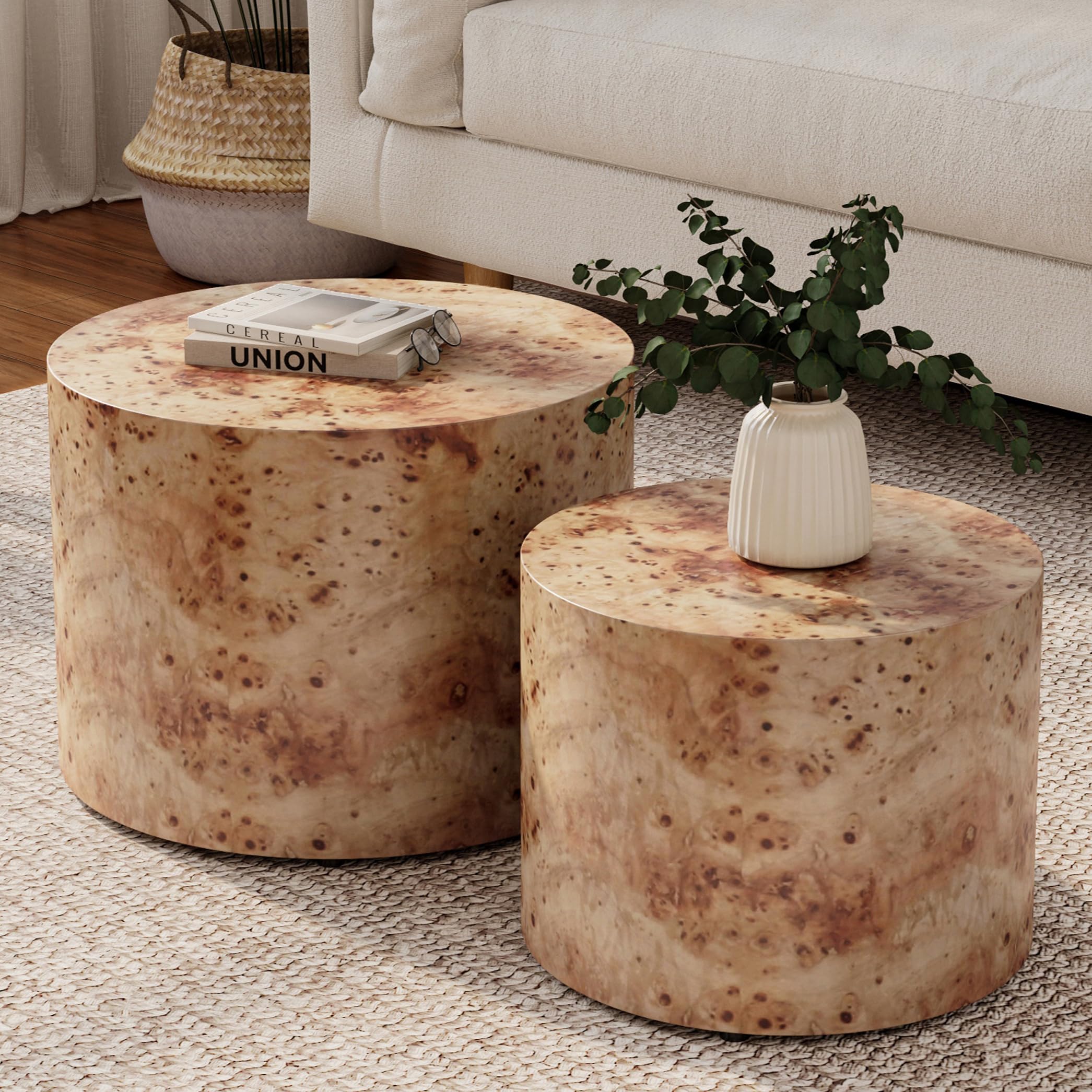 JUSTONE 2-Piece Nesting Coffee Table Set - Modern Round Wooden Side Tables for Living Room, Bedroom, Balcony, Lounge & Home Office - No Assembly Required - Natural Burl Finish - Perfect for Small Spaces & Stylish Home Decor