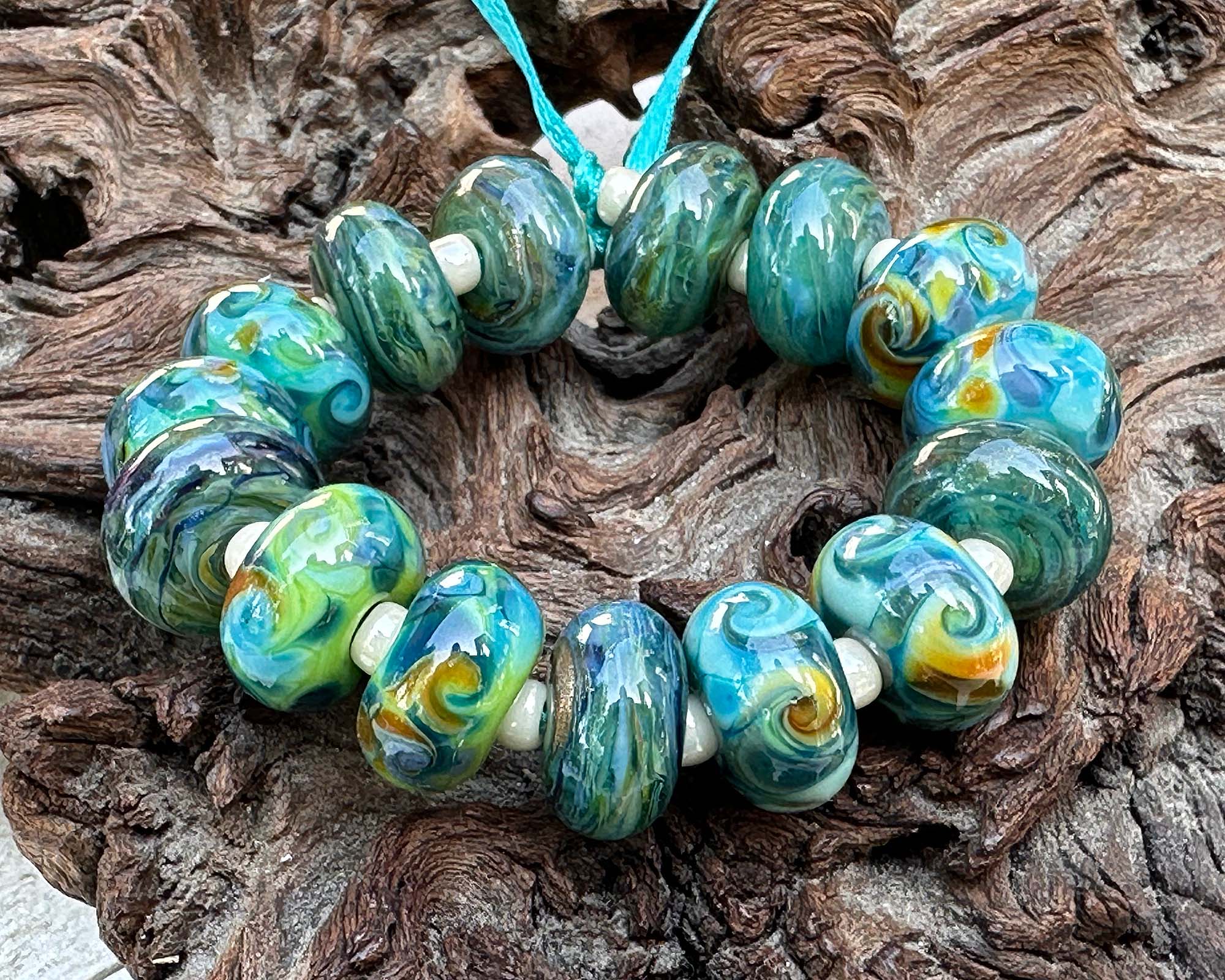 Handmade Teal Green Swirls Lampwork Glass Beads Set - 50pcs for Jewelry Making, DIY Crafts, Bracelets & Necklaces - Perfect for Beaders and Artisans