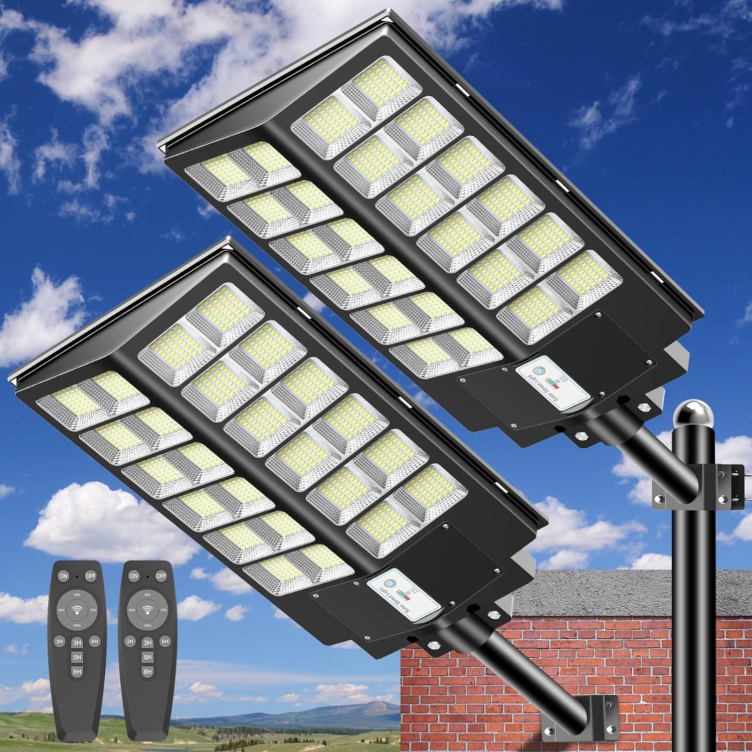 5000W Solar Street Light - 2 Pack Dusk to Dawn Outdoor Solar Flood Lights with Motion Sensor & Remote Control - Weatherproof LED Security Lighting for Parking Lots, Garages, Streets, Driveways & Backyards