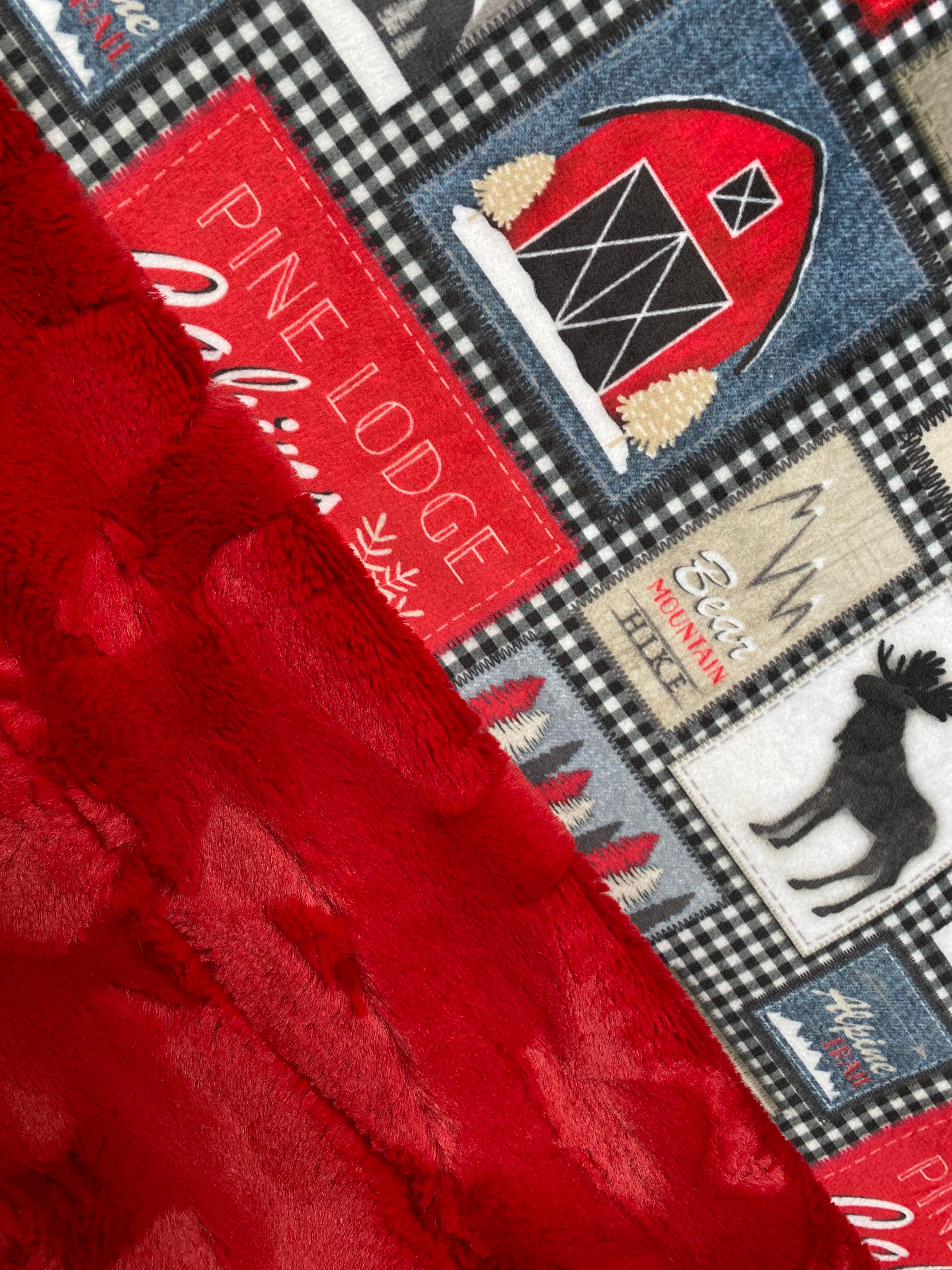 Lodge Patches Jeans on Red Luxe Hide X Wide Minky Blanket - Large 67x72 - Cozy Flannel Throw for Cabin, Camping & Winter Home Decor