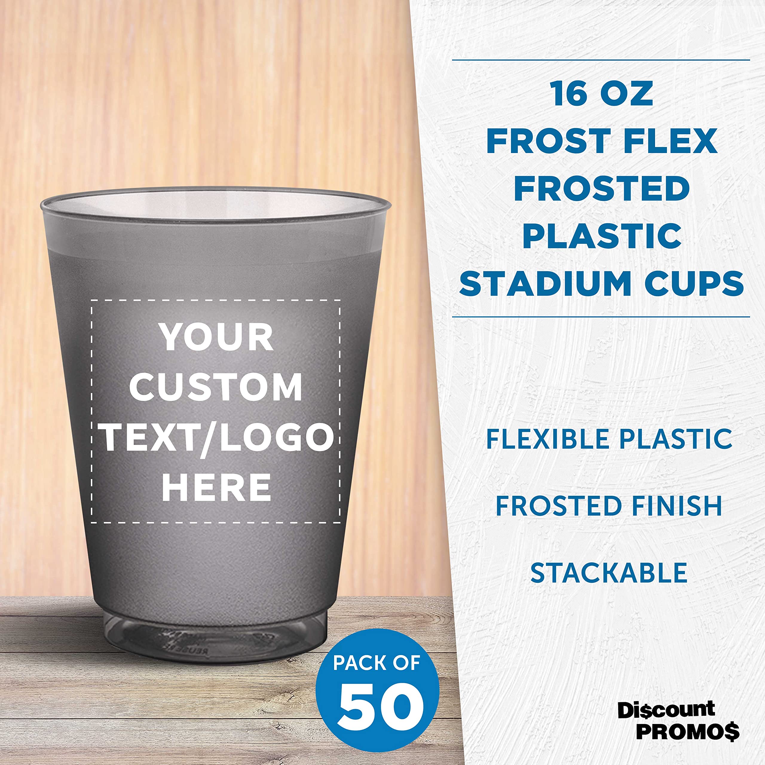 Custom Printed 16 oz Frosted Plastic Stadium Cups - 50 Pack with Promotional Text & Logo - Shatterproof, Flexible, Reusable Party Cups for Sports Events, Tailgating, BBQs, and Outdoor Gatherings - Smoke Color