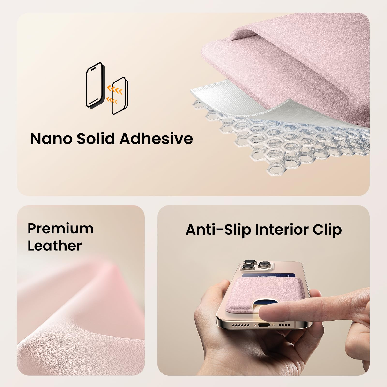 Premium Leather Phone Card Holder Stick On with Strong Adhesive - RFID Blocking Credit Card Wallet for iPhone, Samsung & Android (Holds 4 Cards, Light Pink) - Perfect for Travel, Shopping & Everyday Convenience