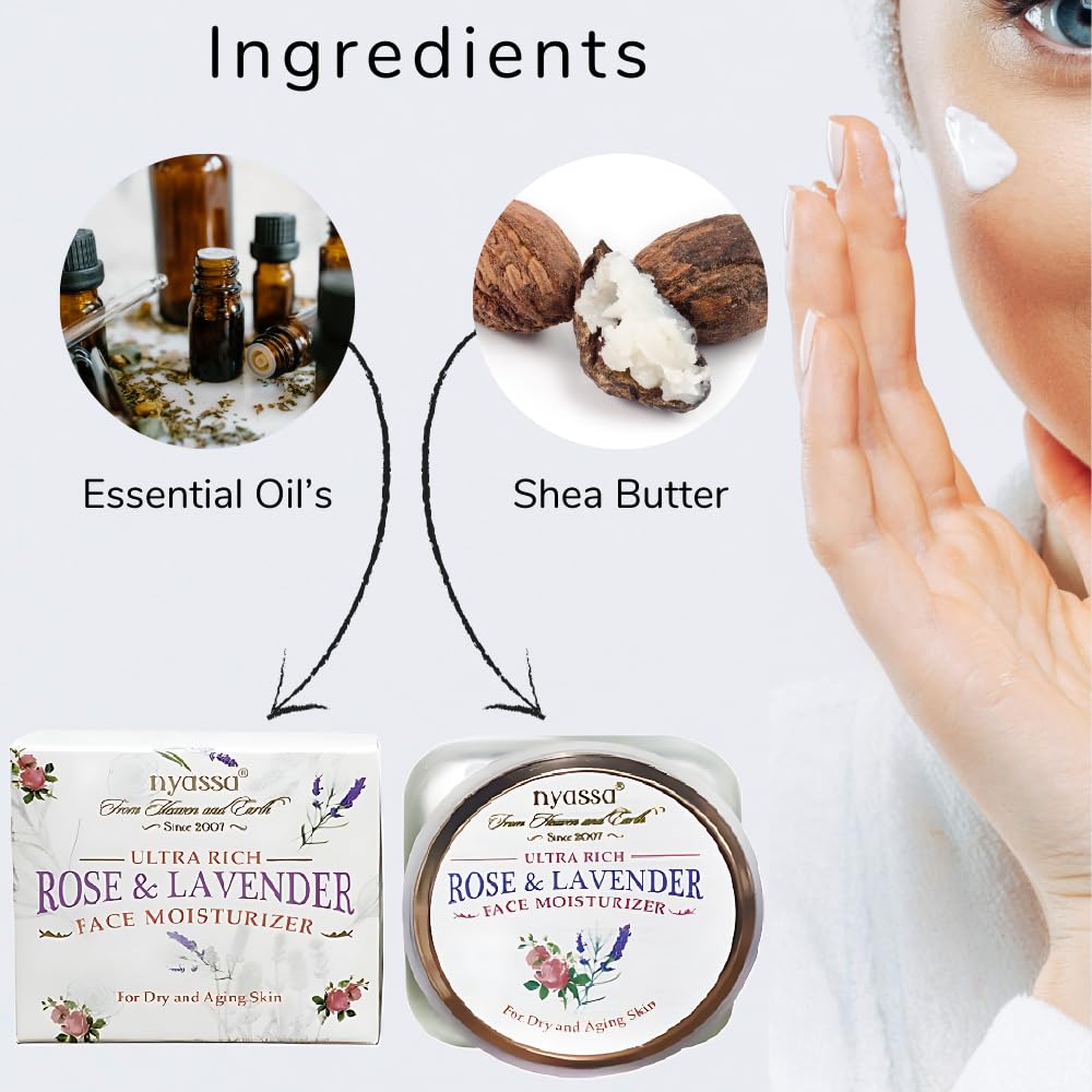 Nyassa Ultra Rich Rose & Lavender Face Moisturizer - 50g Hydrating Cream for Dry & Sensitive Skin | Day & Night Use for Glowing Complexion
